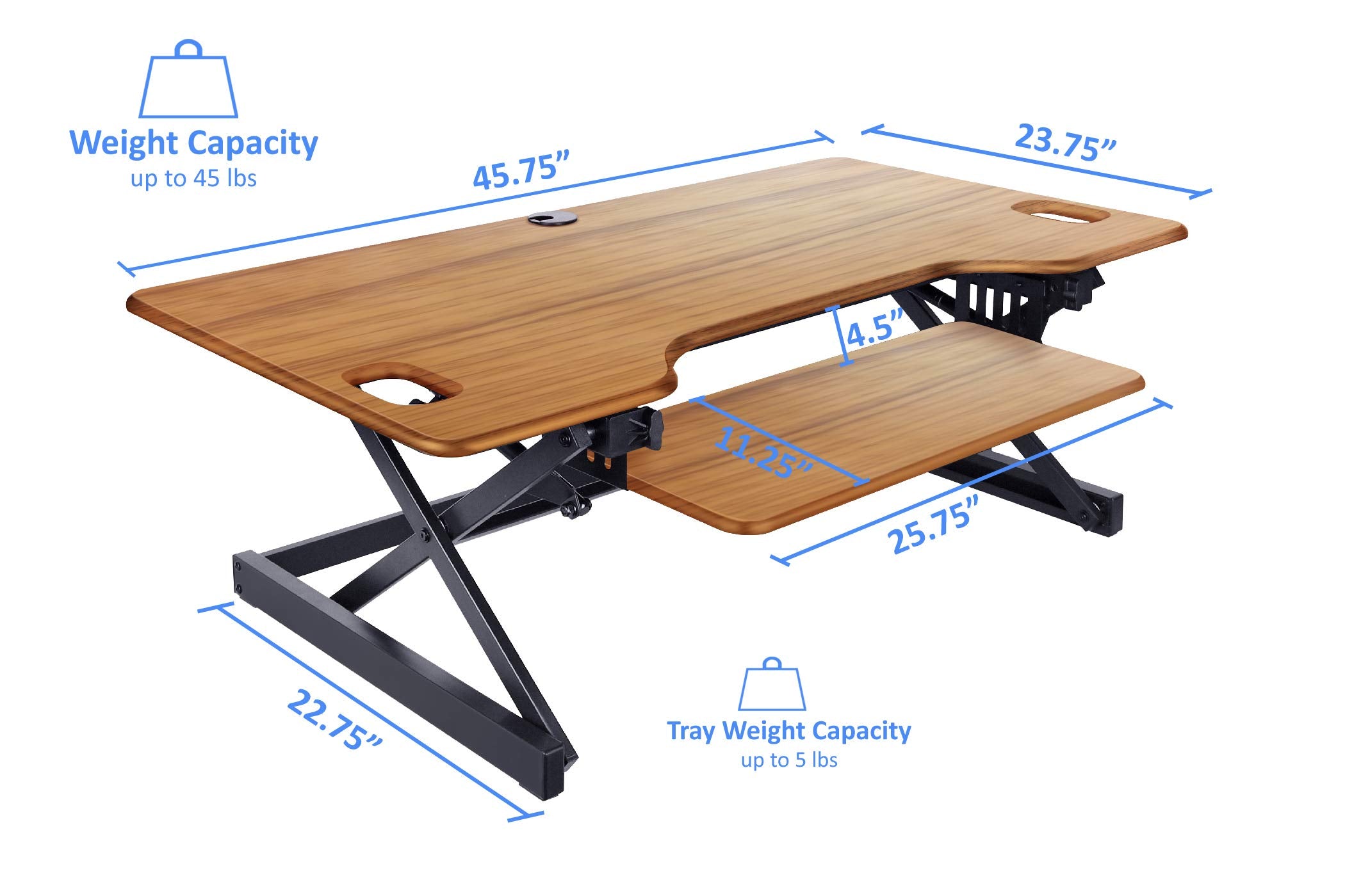 Rocelco 46" Large Height Adjustable Desk Converter, Sit Stand Up Triple Monitor Computer Workstation Riser, Retractable Keyboard Tray, Teak/Black