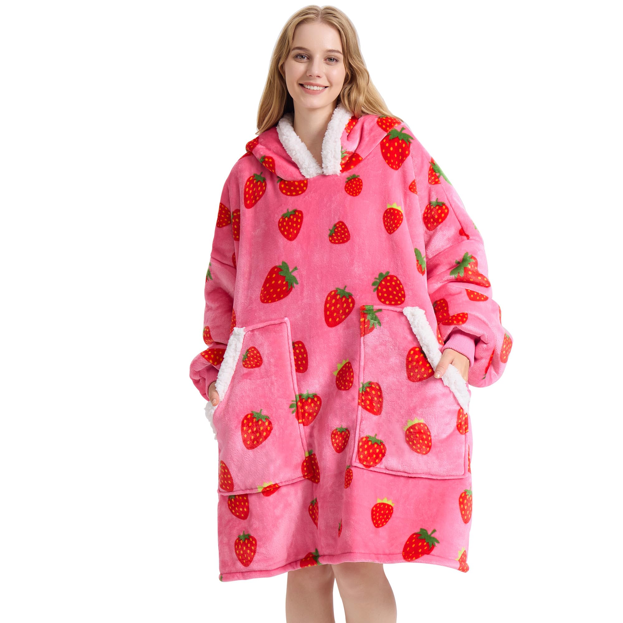 Kipswiza Wearable Blanket Hoodie - Oversized Hooded Blanket Adult, Thick Warm Sherpa Fleece Strawberry Blanket Sweatshirt For Wo