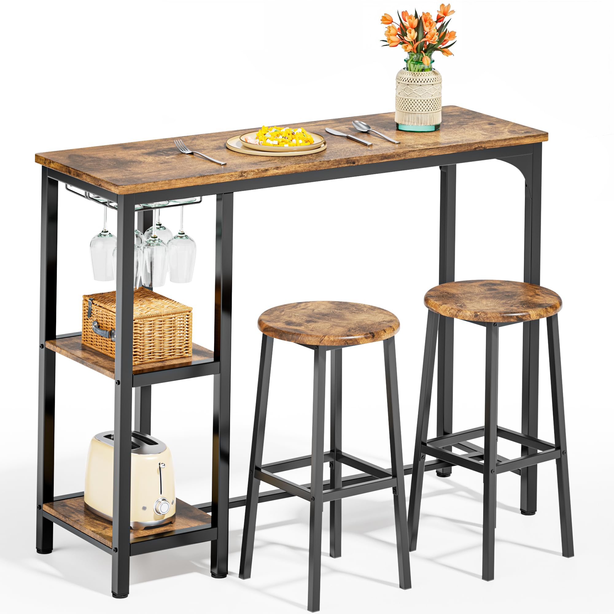 Qsun 3-Piece Bar Table Set for 2, Bar Table with Stools & 2 Storage Shelves, Small Bar Table Set with Glass Rack, Small Kitchen 