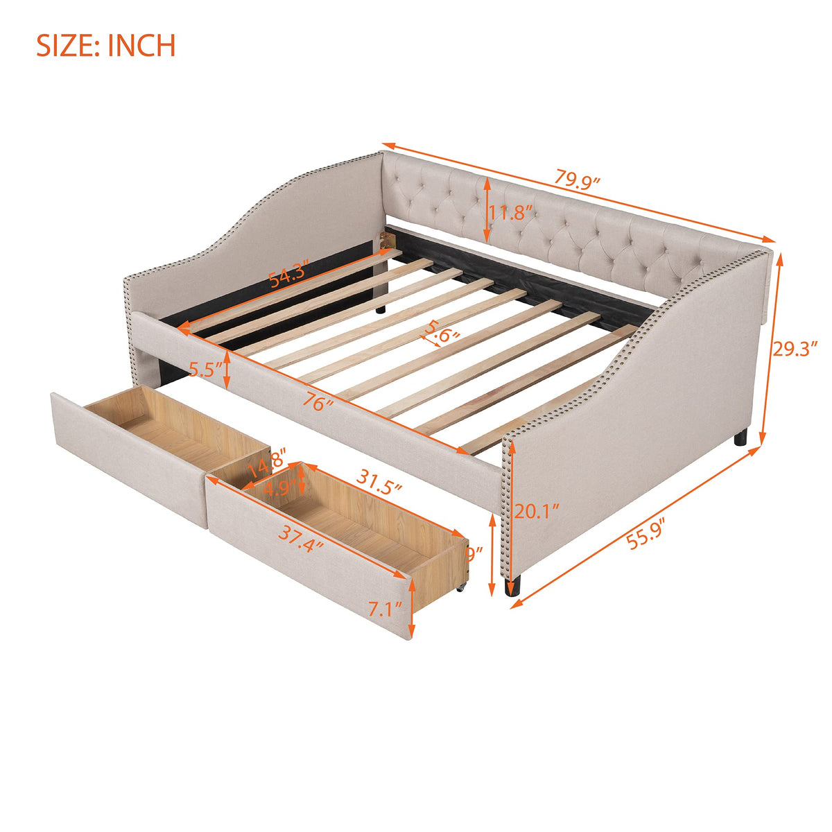 Flieks Upholstered Full Daybed With Two Storage Drawers, Full Size Button Tufted Sofa Bed Daybed With Nailhead Trim And Wood Slat Support (Beige Fabric)