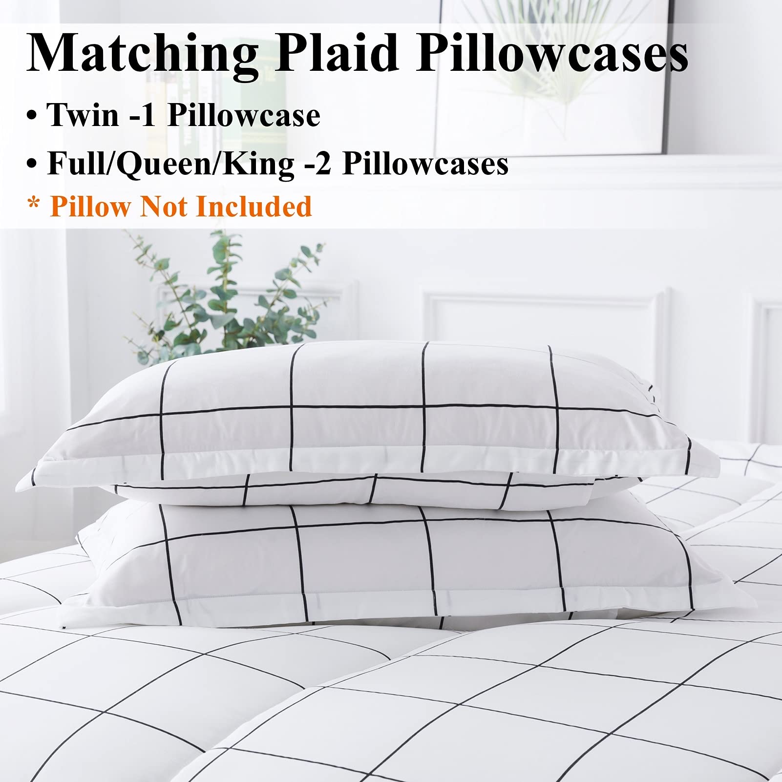 Andency White Grid Comforter Set Twin(66X90Inch), 2 Pieces (1 Plaid Comforter And 1 Pillowcase) White Plaid Comforter Set, Light