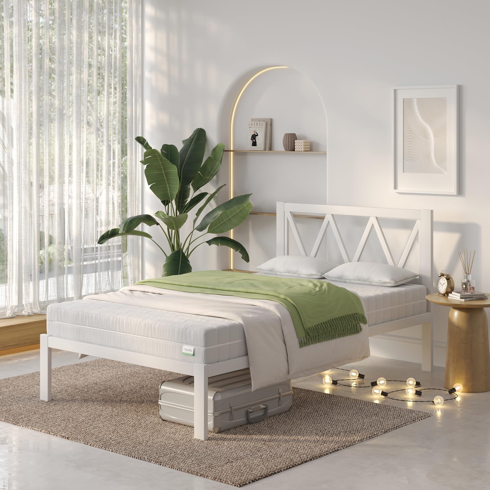 Novilla Twin Bed Frame with Headboard, Metal Platform Bed Frame, Heavy Duty, No Box Spring Needed, Wood Slat Support, Easy Assem