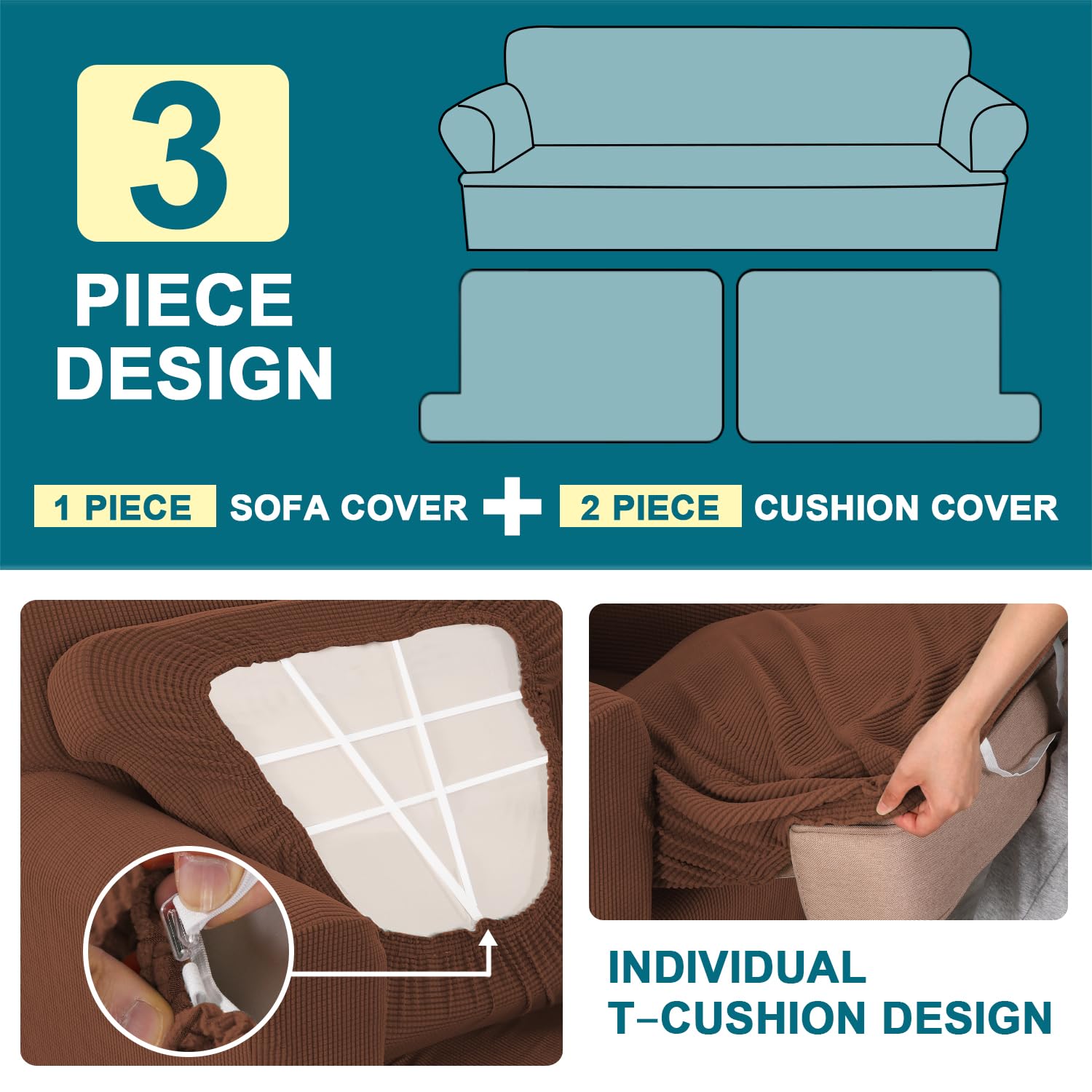 Turquoize 3 Piece T Cushion Sofa Slipcovers Sofa Cover For T Cushion Sofa Couches Stretch Couch Cover Furniture Covers With 2 Individual T Cushion Covers, Machine Washable (2 Cushion Sofa, Caramel)