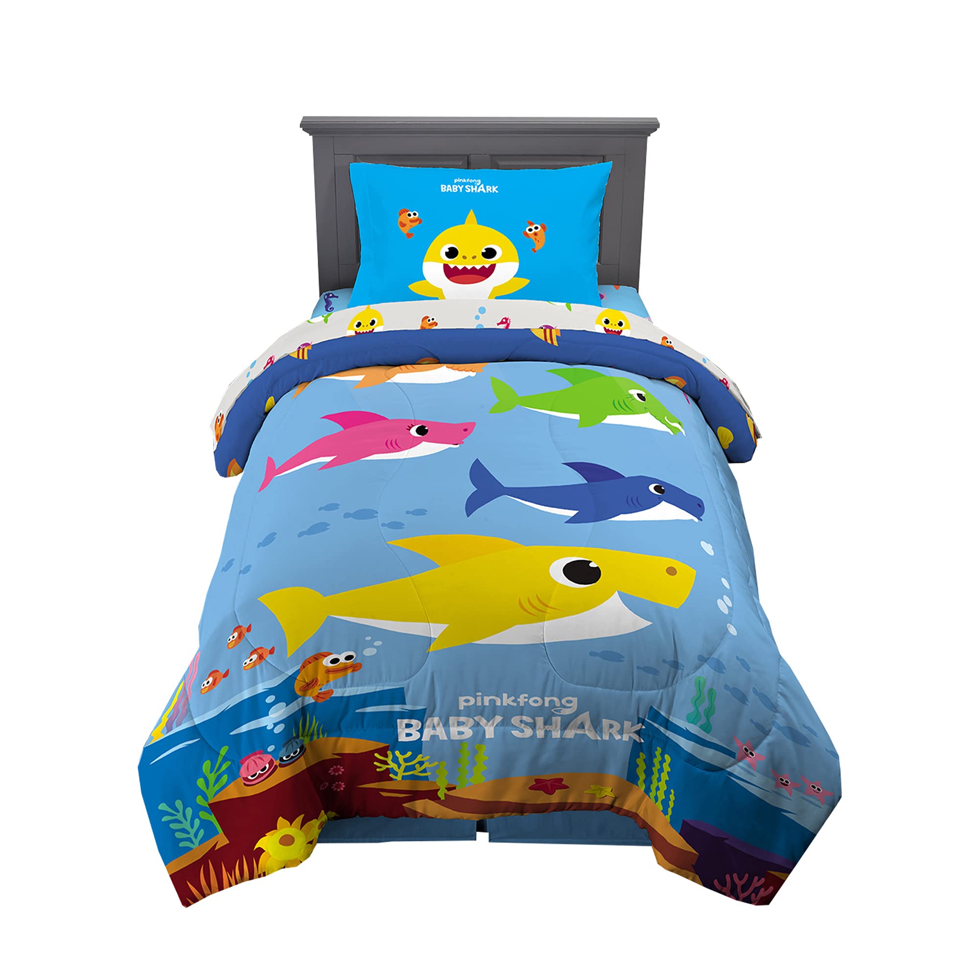 Franco Kids Bedding Super Soft Comforter And Sheet Set, 4 Piece Twin Size, Baby Shark