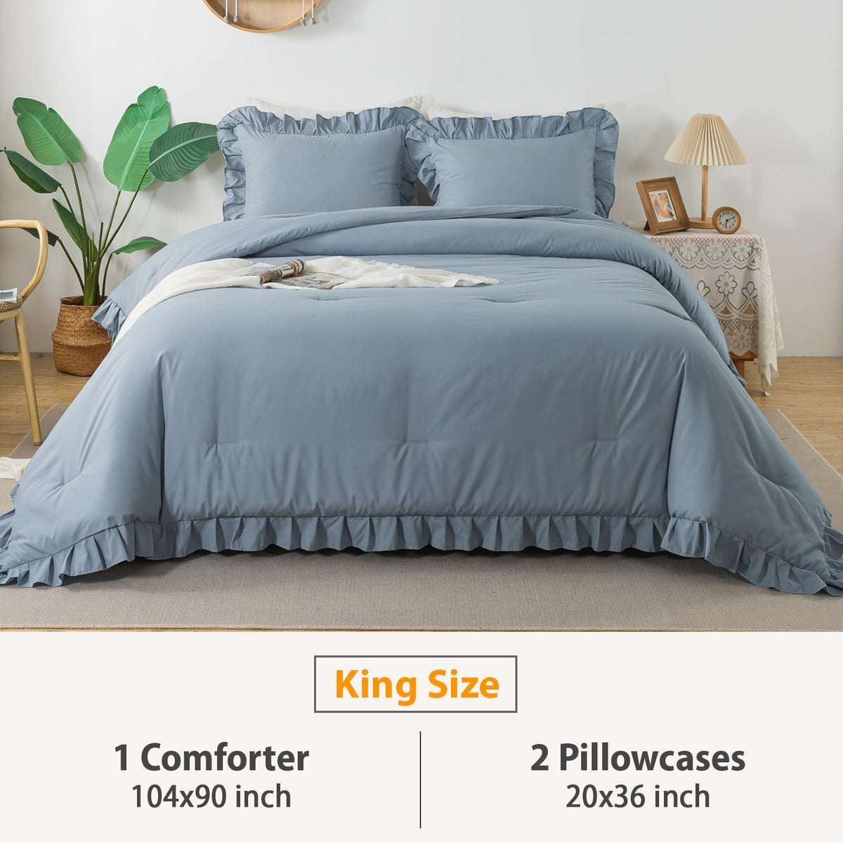 Andency Grayish Blue King Comforter Set(104X90Inch), 3 Pieces Lightweight Winter Summer Warm Fluffy Bedding Comforter Set, All Season Microfiber Shabby Chic(1 Ruffle Comforter And 2 Pillowcases)