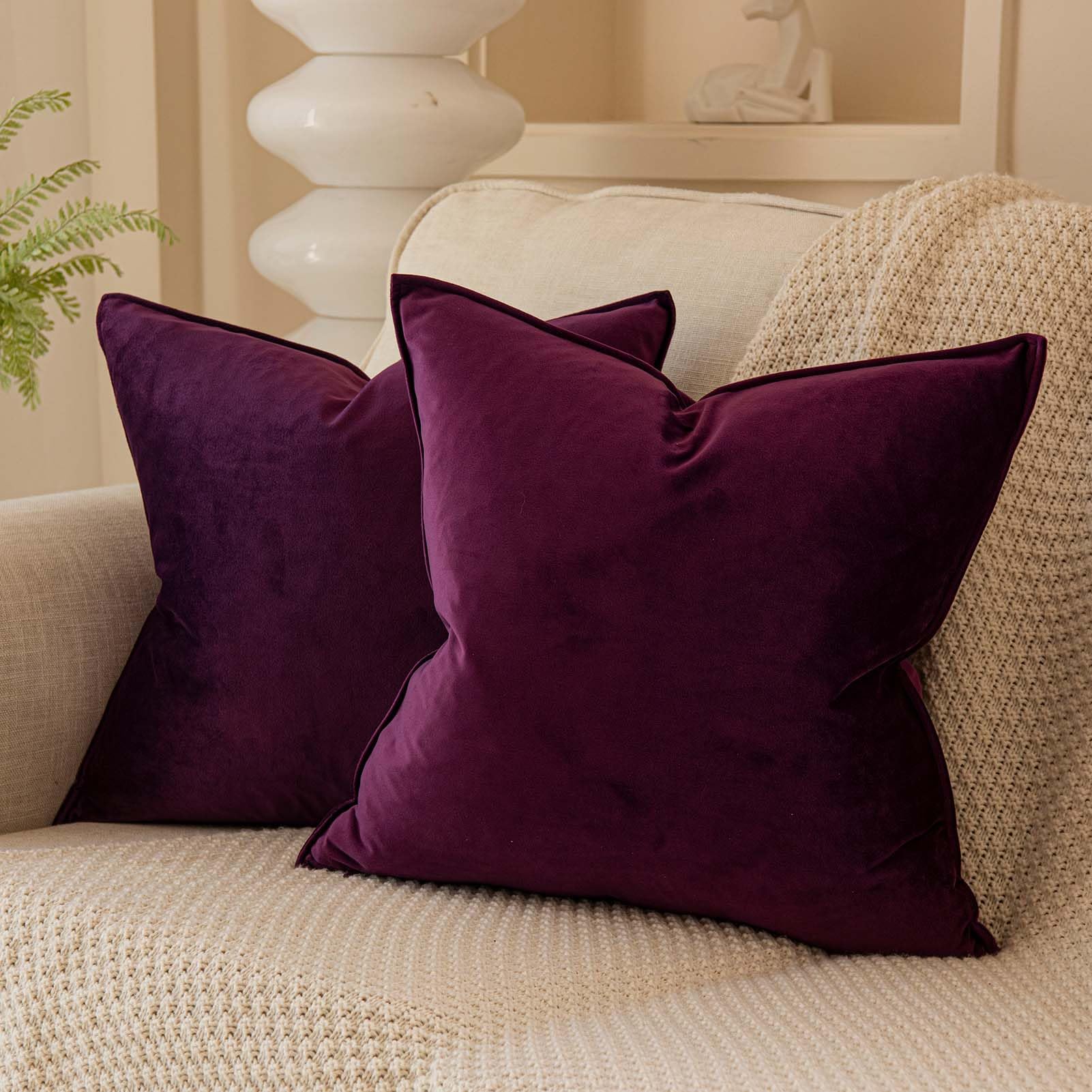 Juspurbet Eggplant Purple Decorative Velvet Throw Pillow Covers 24X24 Inch Set Of 2,Broadside Soft Cushion Case With Invisible Z