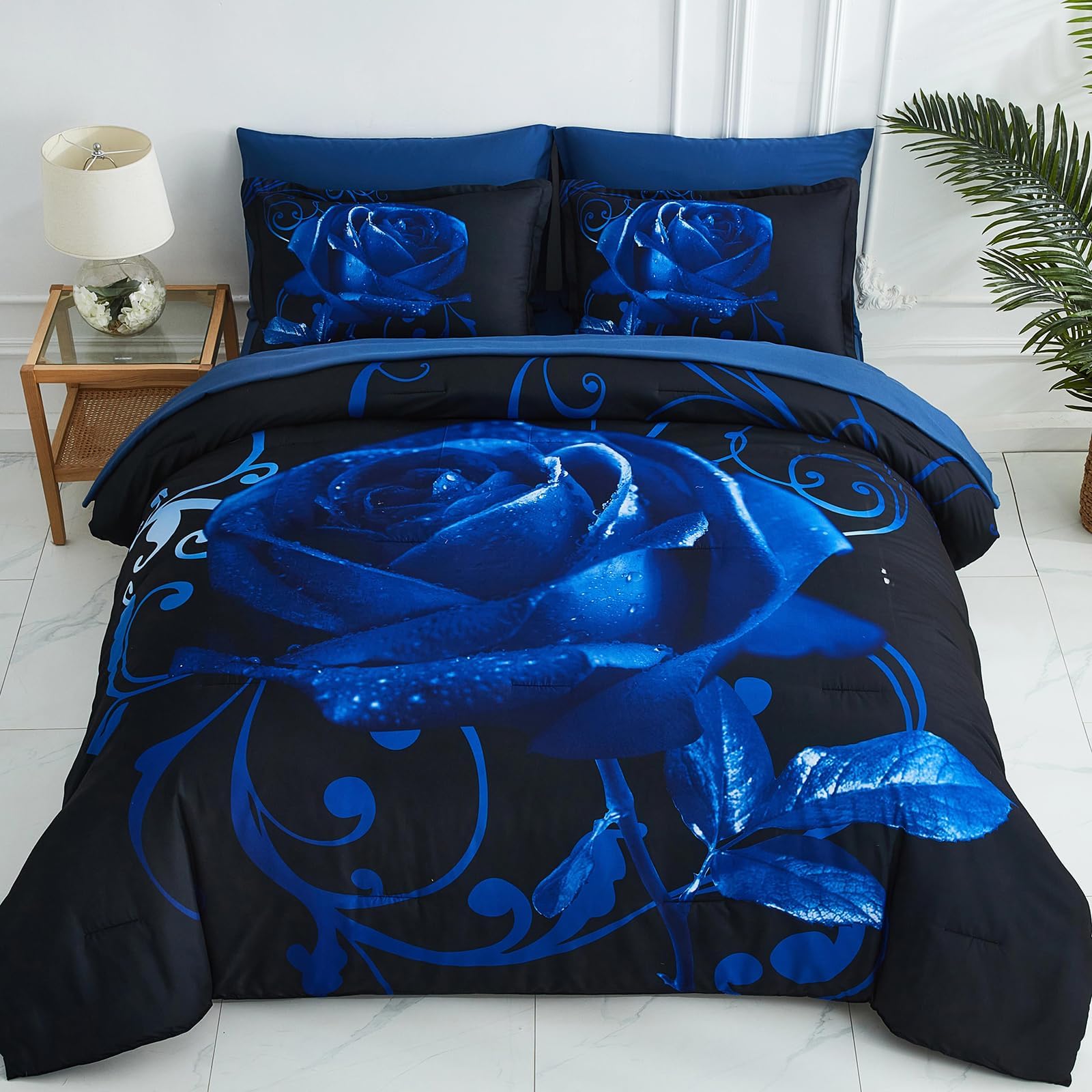 Blue Comforter Set Queen 7 Piece Bed In A Bag Blue Rose Comforter With Sheet Set Soft Micorfiber Reversible Bedding Set (1 Comfo