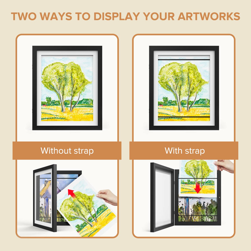 4 Pack Kids Art Frames, Kids Artwork Frames Changeable 8 X10.5 With Mat And 9 X12 Without Mat, Black Front Opening Children Pict
