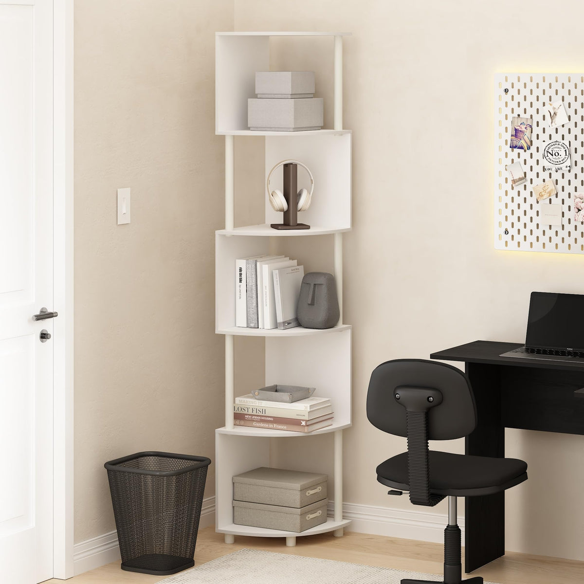 Furinno Econ 5-Tier Zigzag Corner Shelf Bookcase, Bookshelf, White/White