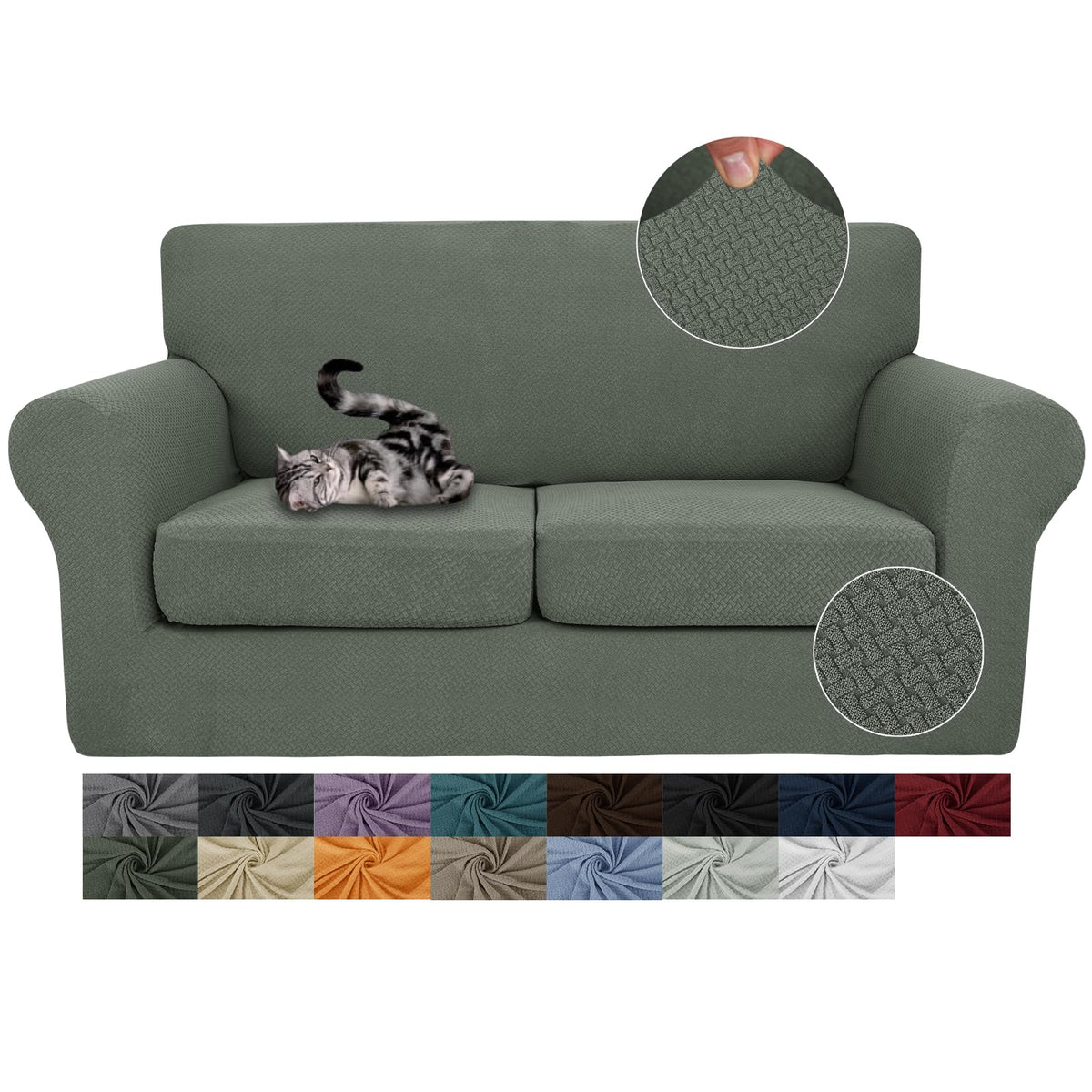 Jiviner 3 Pieces Stretch Couch Covers For 2 Cushion Couch Fitted Thick Loveseat Sofa Slipcover With 2 Seat Cushion Covers For Living Room Pet Dogs (Loveseat, Army Green)