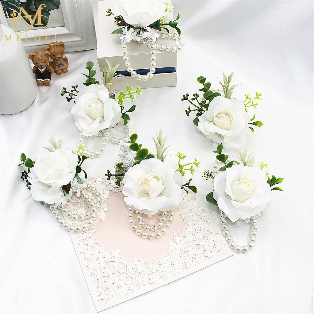 Meldel White Ivory Rose Wrist Corsage, Set Of 6, Wedding Bridal Flower Corsage Hand Decor For Prom Party Homecoming, Wristband F