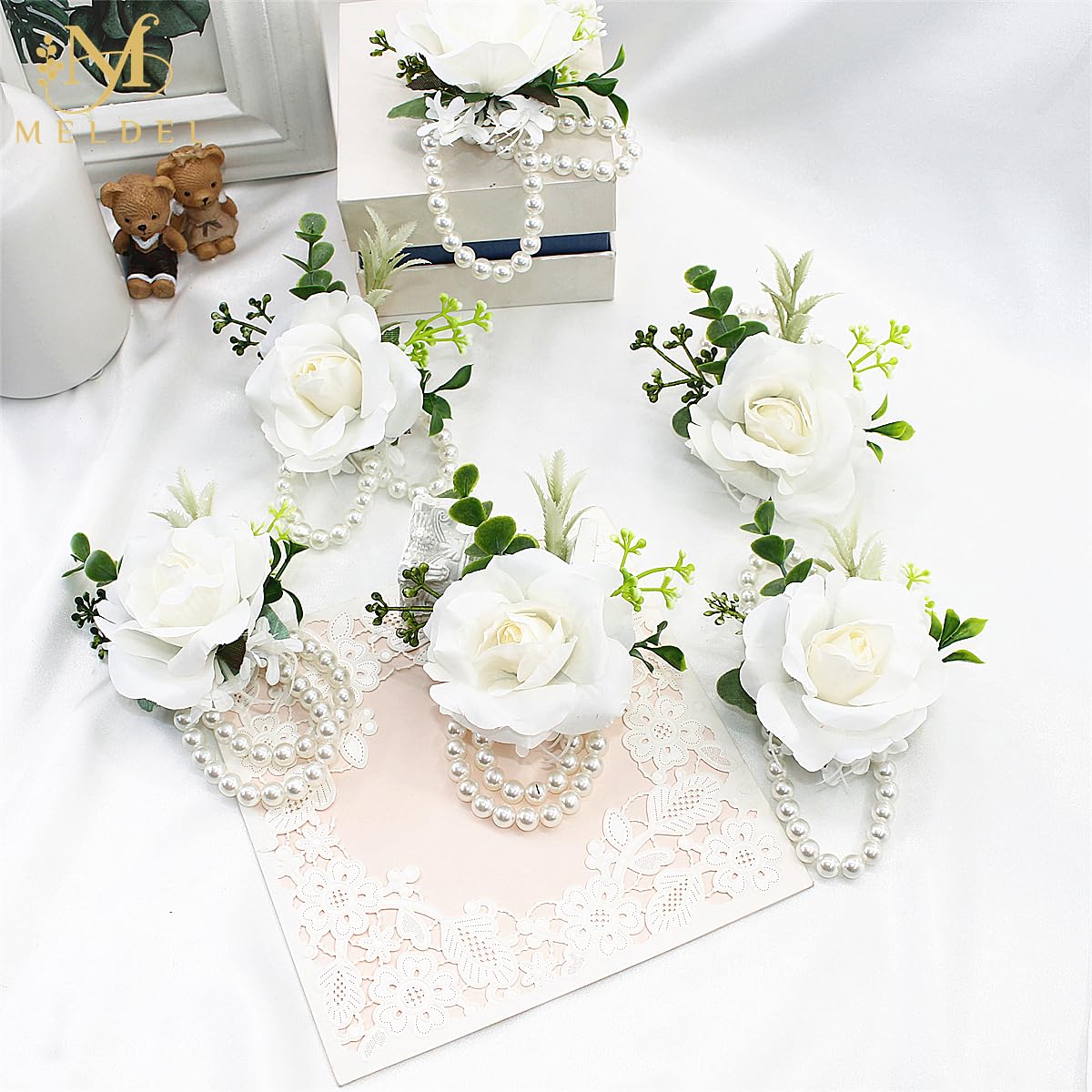 Meldel White Ivory Rose Wrist Corsage, Set Of 6, Wedding Bridal Flower Corsage Hand Decor For Prom Party Homecoming, Wristband F