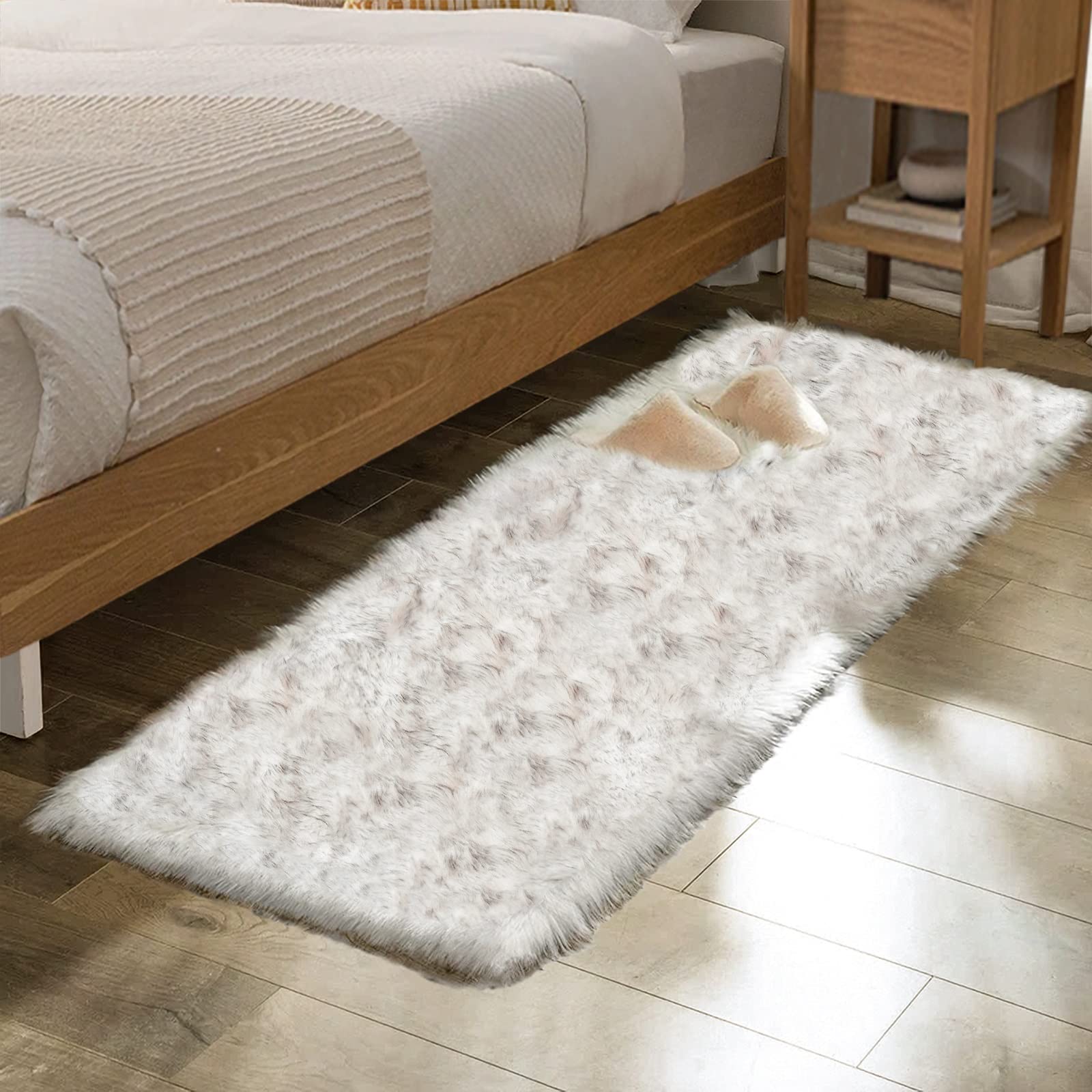 ORINOVA Grey and White Plush Shag Washable Rugs for Bedroom Faux Sheepskin Fur Furry Carpet for Living Room 2x6 Nursery Rug Runn