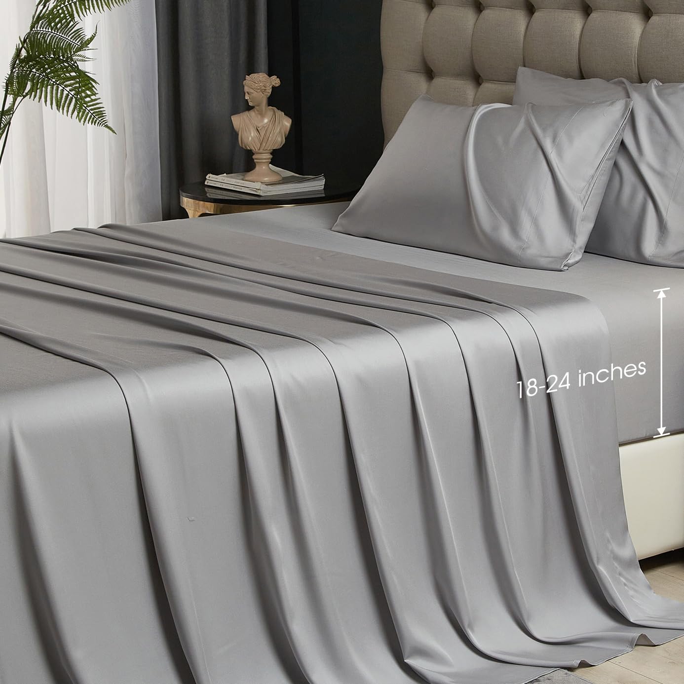Hyprest Grey Sheets Queen- Rayon Derived From Bamboo, Silk Soft Breathable No Sweat Cooling Sheets For Hot Sleepers,Extra Deep P