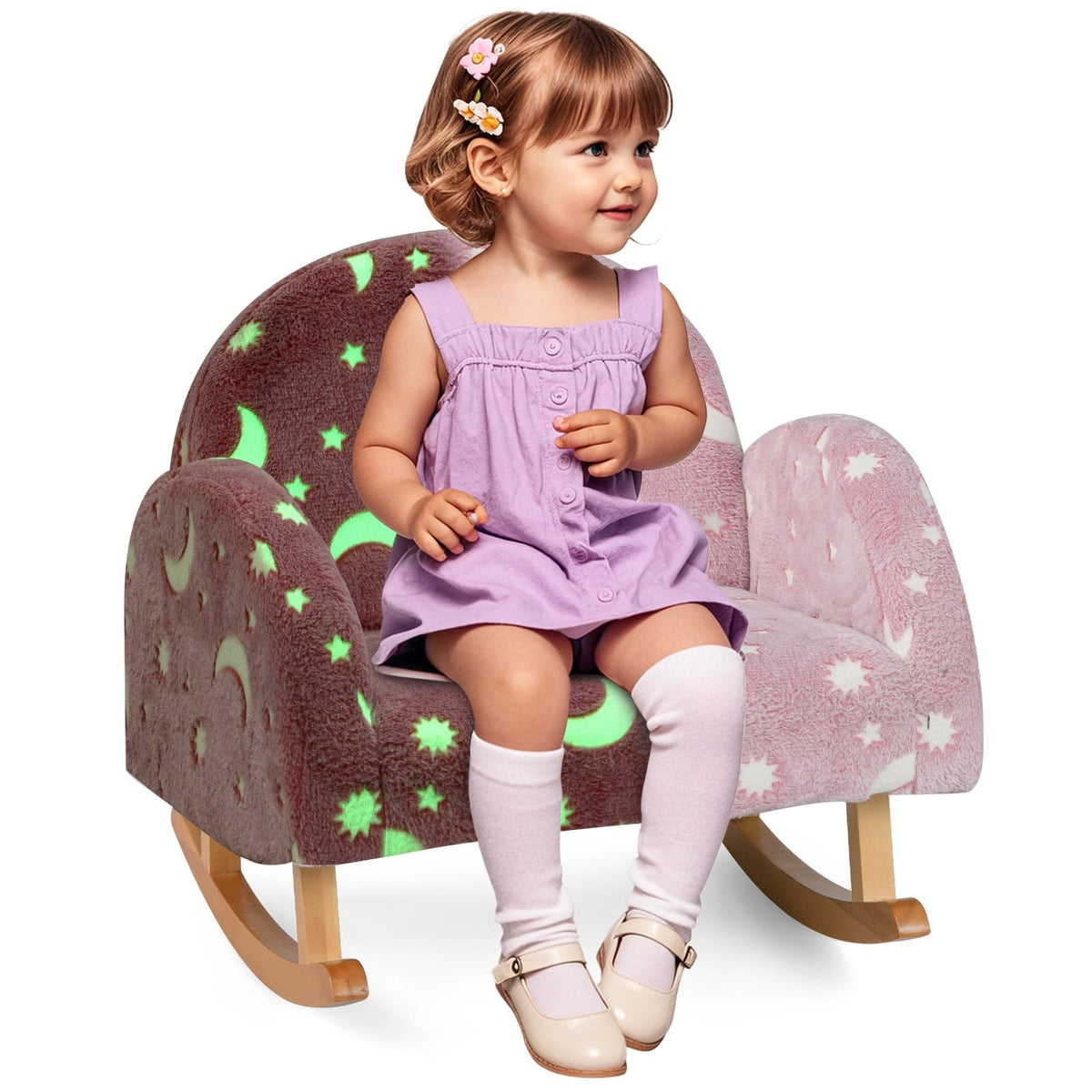 INFANS Kids Sofa with Glow in The Dark, Toddler Rocking Chair with Solid Wooden Frame Anti-Tipping, Upholstered Comfy Foam Child
