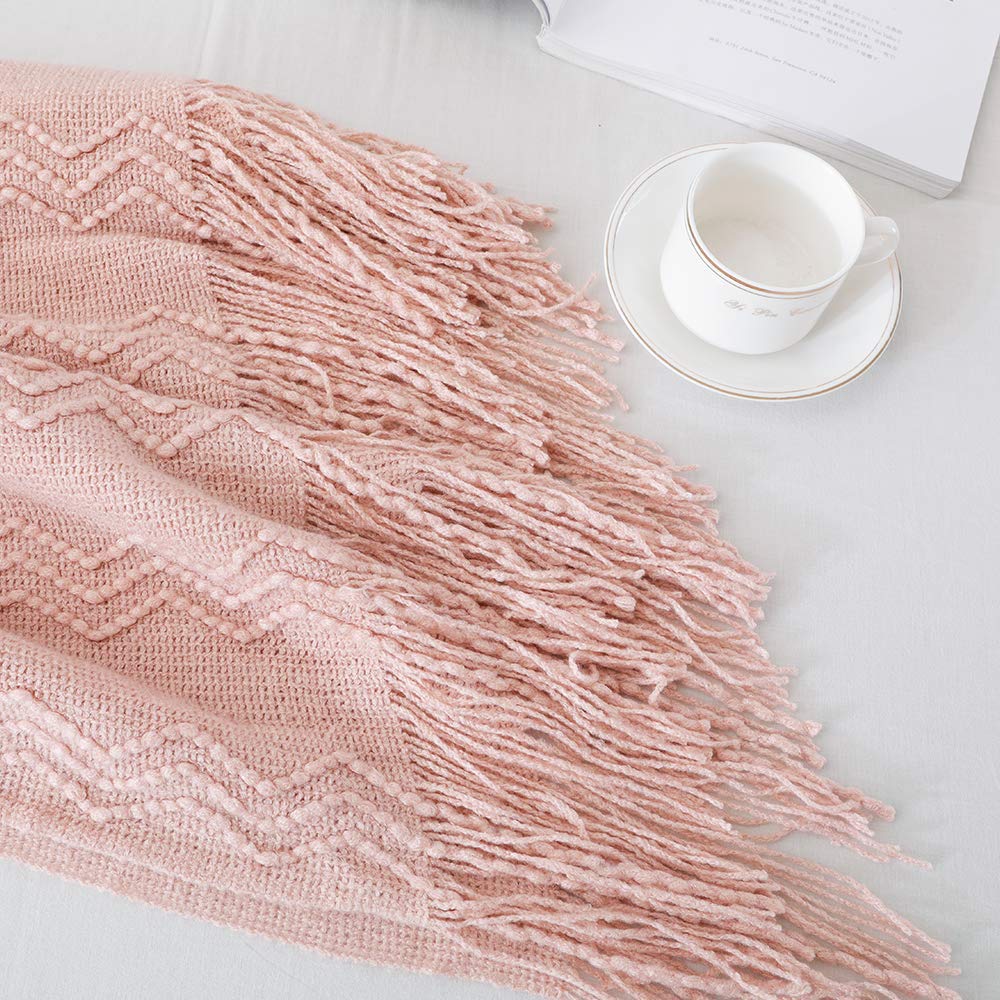 Bourina Throw Blanket Textured Solid Soft Sofa Throw Couch Cover Knitted Decorative Blanket, 50'' X 60'' Pink