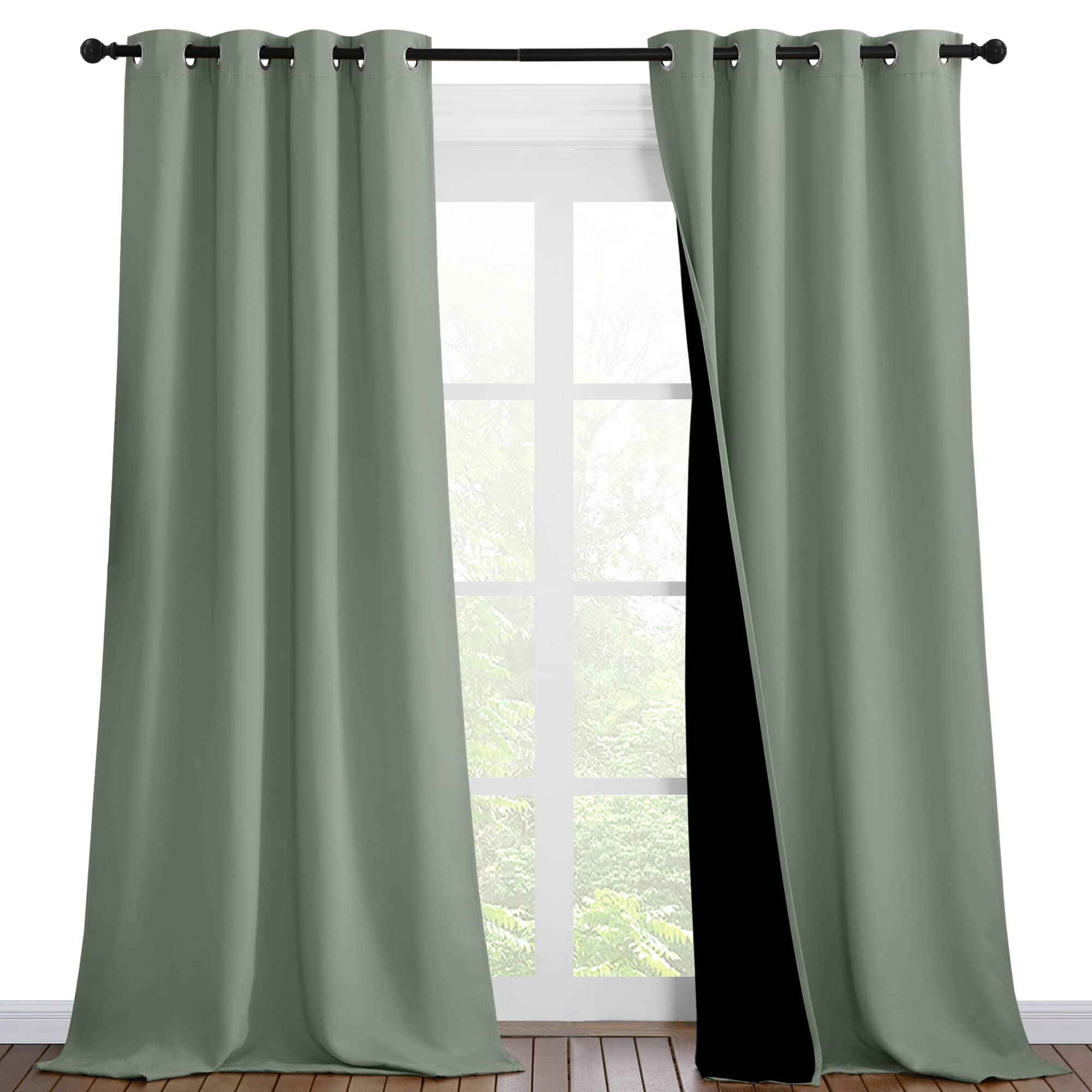 Nicetown Greyish Green Blackout Curtains 90 Inches Long, Full Light Blocking Drapes With Black Liner For Nursery, Thermal Insula