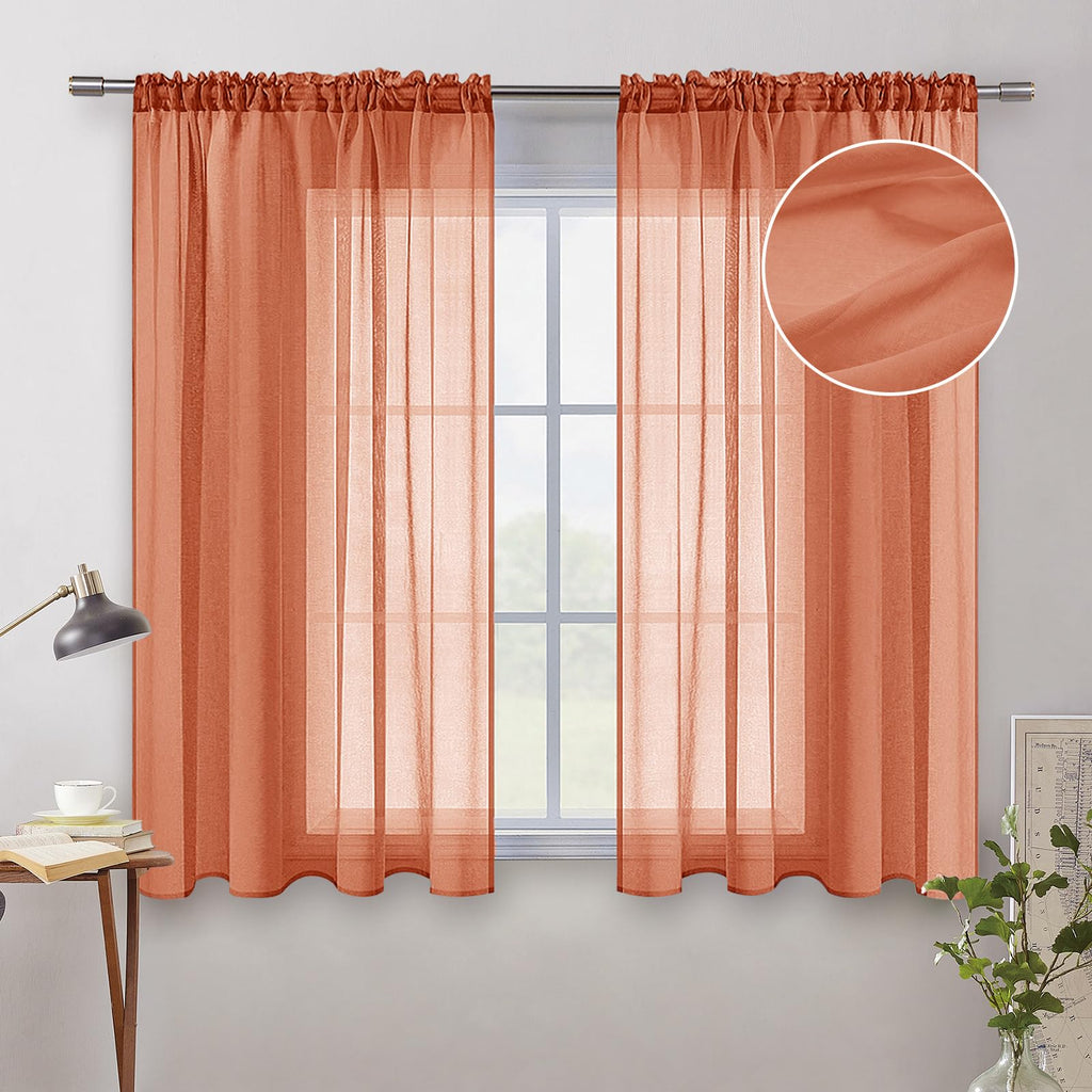 Miulee Burnt Orange Linen Textured Sheer Curtains 63 Inch Length For Bedroom/Living Room Semi Transparent Farmhouse Fall Decor Window Net Panels With Rod Pocket 2 Panels Set W 54 X L 63 Inches