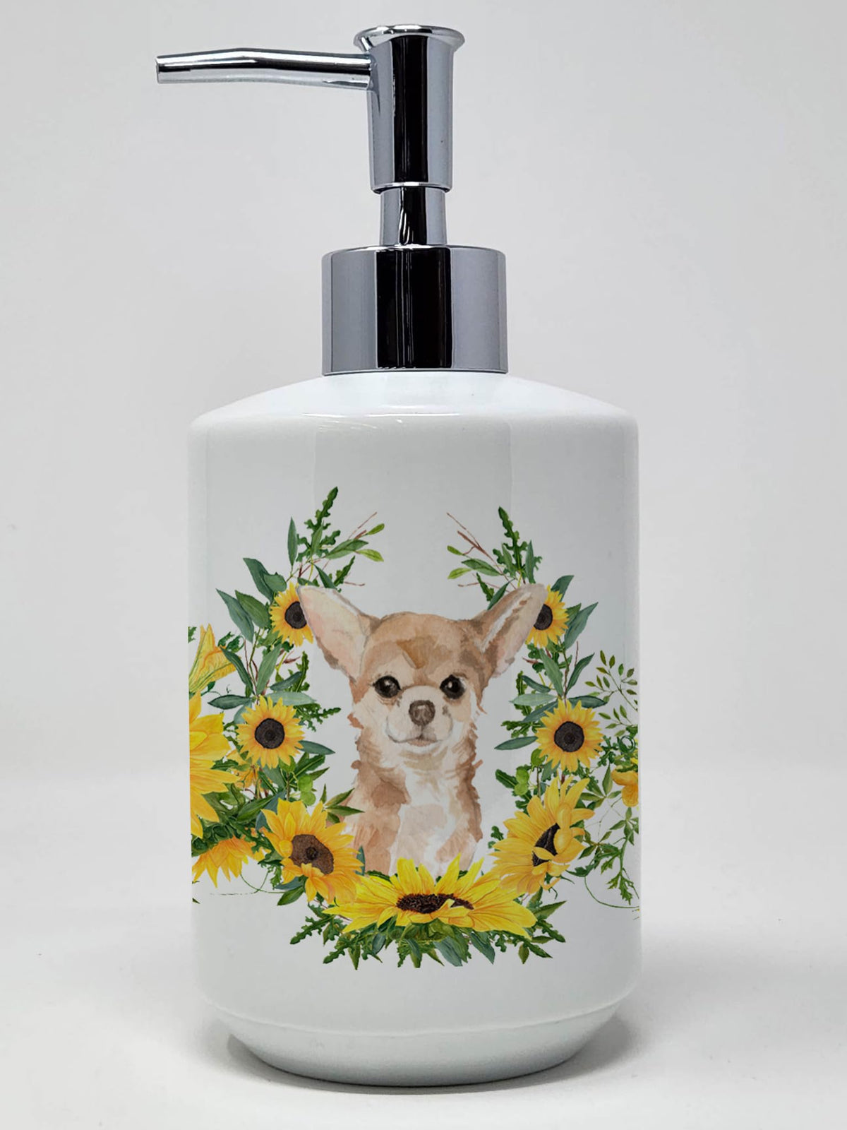 Caroline's Treasures CK2945SOAP Chihuahua in Sunflowers Ceramic Soap Dispenser Hand Soap Dispenser Pump Bottles for Bathroom Kit