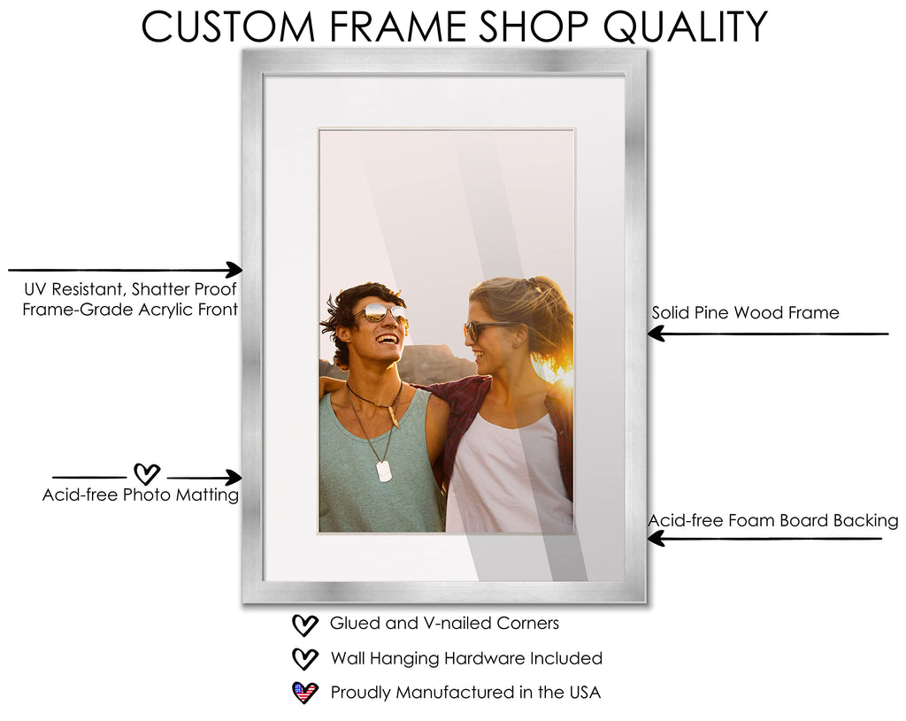 24X36 Frame Silver Wood With White Mat | 28X40 Frame Matted To 24X36 | Display Your Photo Under Uv Acrylic Shatter Guard Front,