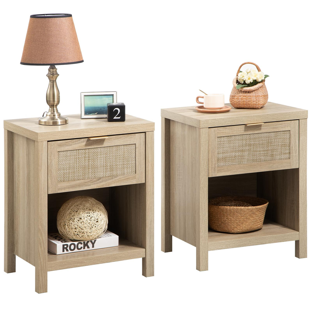 Sicotas Rattan Nightstands Set Of 2, Farmhouse Night Stand Bedside Table With Drawer And Storage Shelf - Boho End Side Table For Bedroom, Light Oak