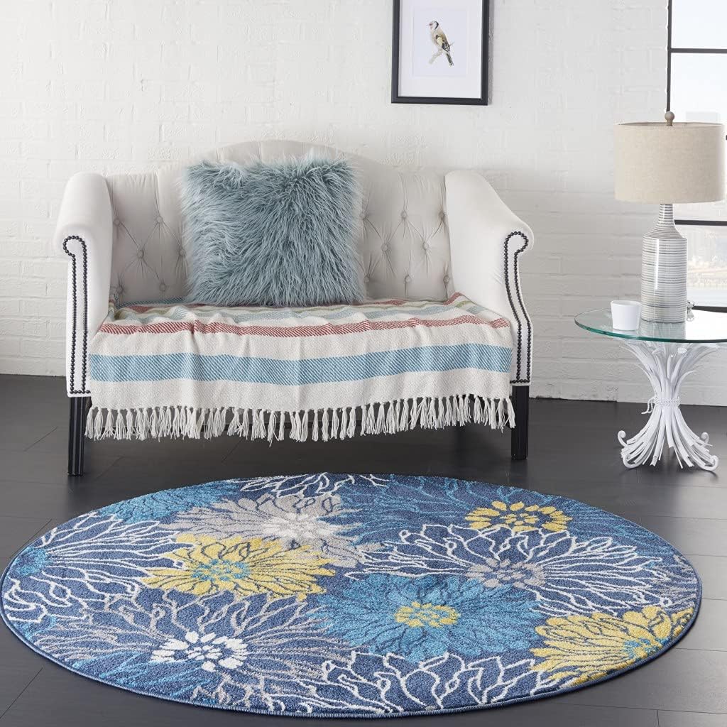 4 Round Blue Tropical Flower Area Rug