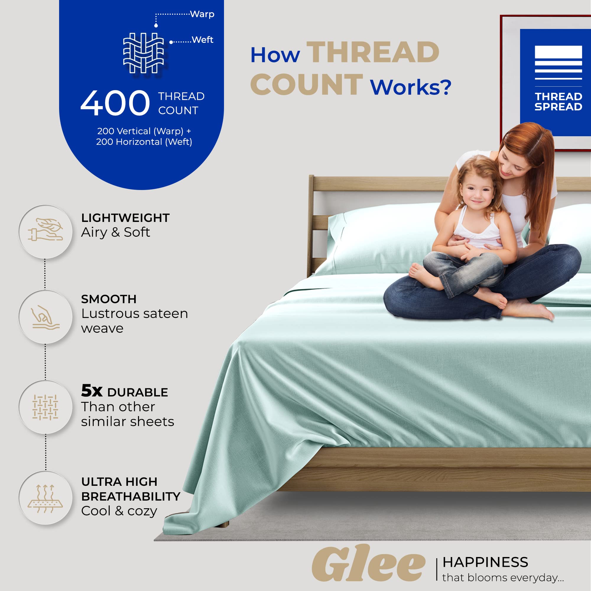 Thread Spread Twin Xl Sheets - 400 Thread Count 3 Pc Xl Twin Sheet, 100% Cotton Twin Xl Sheet Sets, Extra Long Twin Sheets For Dorm Room, Soft, Cooling & Luxury Sateen Sheets, Cotton Sheets (Sea Foam)