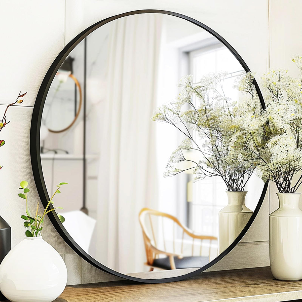 Sunniry Round Mirror 28 inch, Round Black Mirror, Round Bathroom Mirror Metal Frame, Wall Mounted Circle Mirrors for Bathroom, L