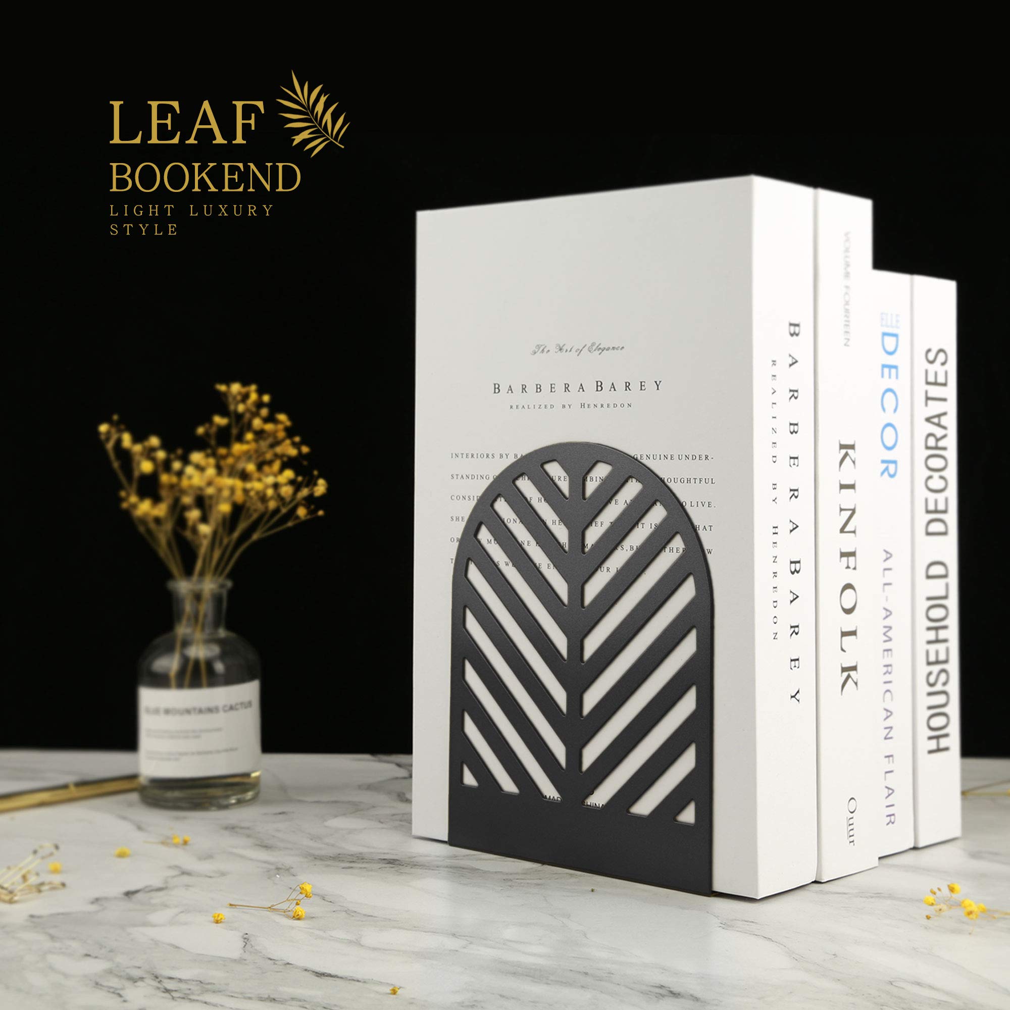 Qiming Leaf Bookends For Books,1 Pair Metal Book Holders For Office Shelves Adults & Kids Gift(Black)