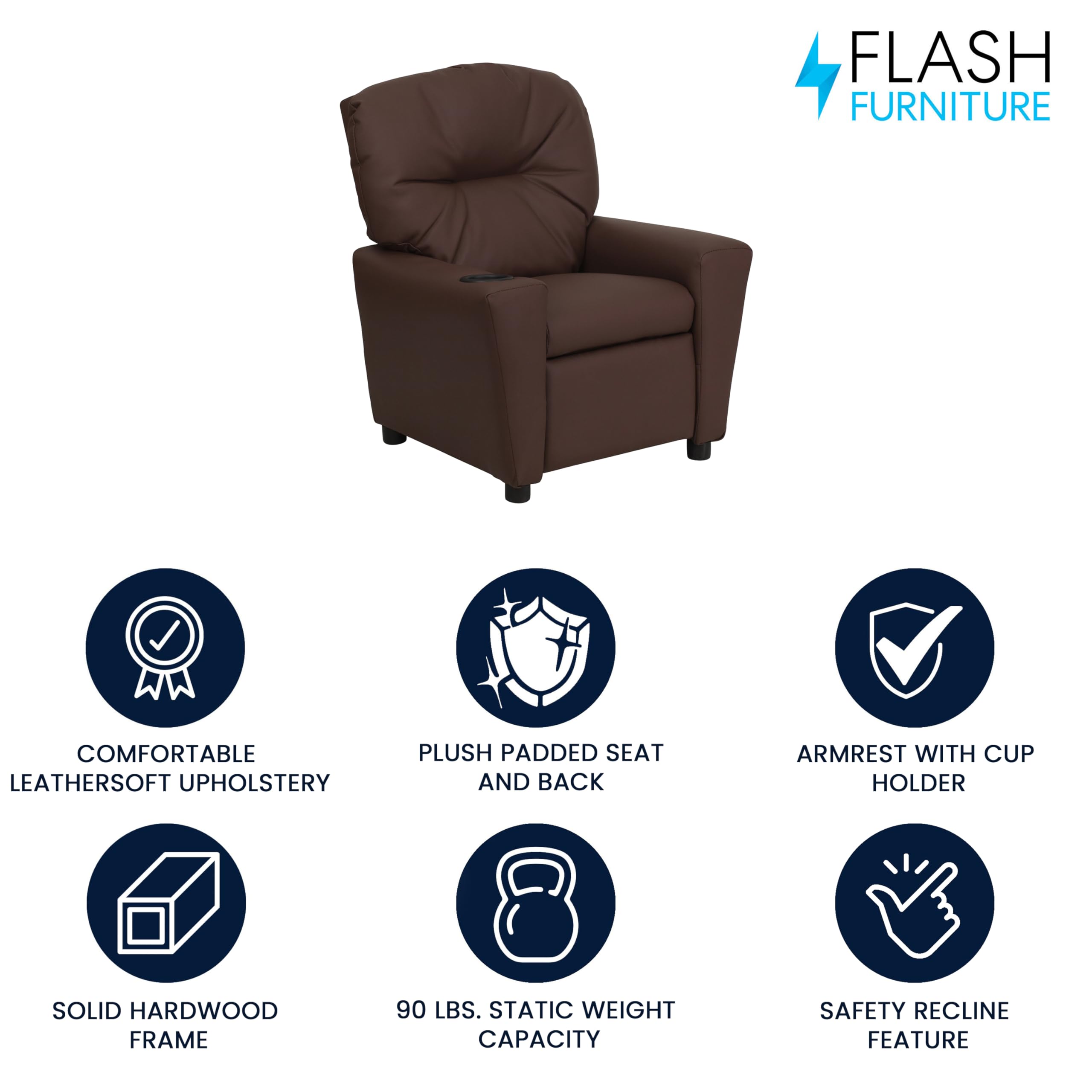 Flash Furniture Chandler LeatherSoft Kids Recliner with Cup Holder and Safety Recline, Contemporary Reclining Chair for Kids, Supports up to 90 lbs., Brown