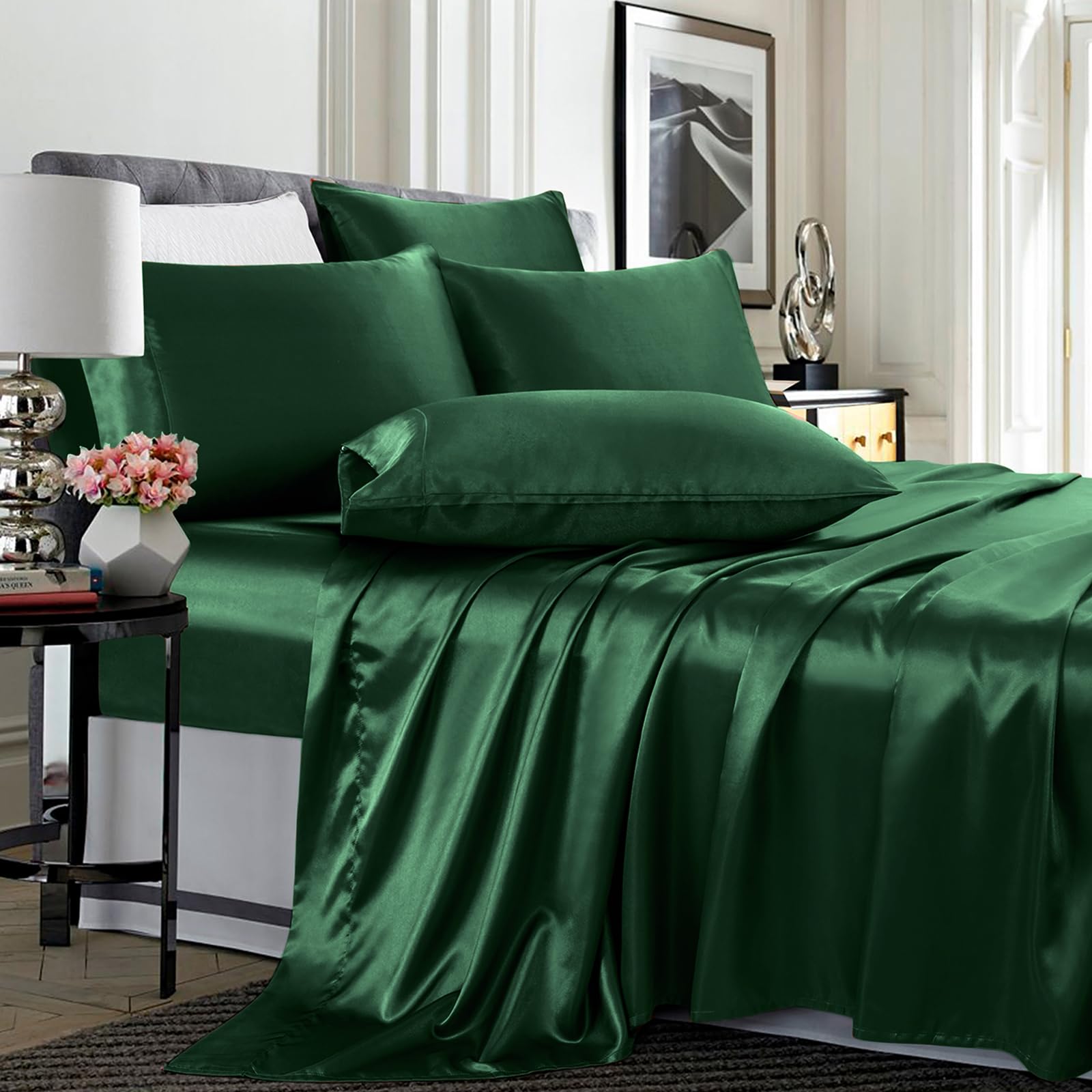 TREELY Satin Sheets Full Size - 6 Piece Blackish Green Soft Satin Bed Sheet Set with Deep Pocket, 1 Fitted Sheet +1 Flat Sheet +
