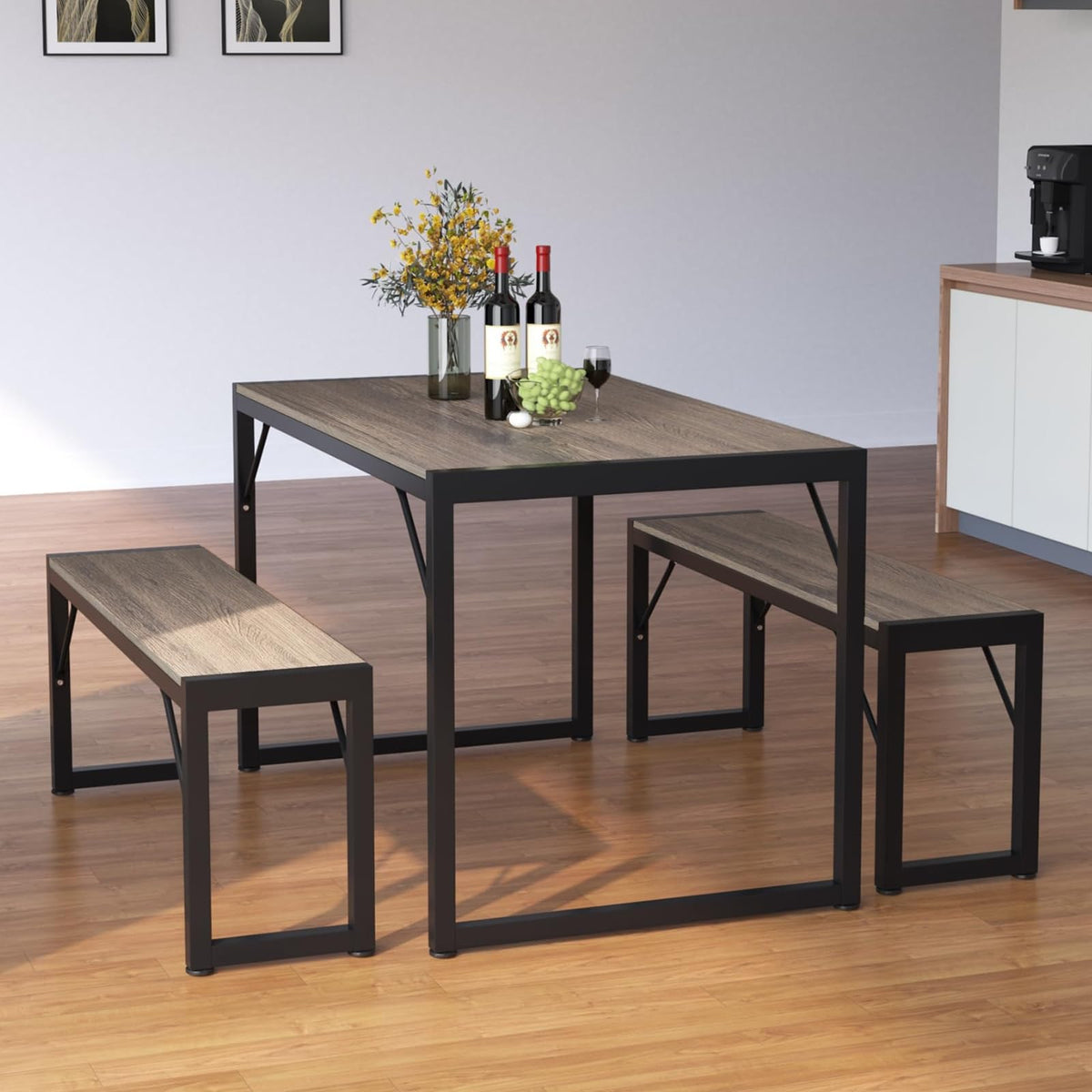Bealife Dining Table Set For 4, Modern Kitchen Table Set With 2 Benches, 45.5In 3-Piece Soho Dining Room Table Set With Metal Fr
