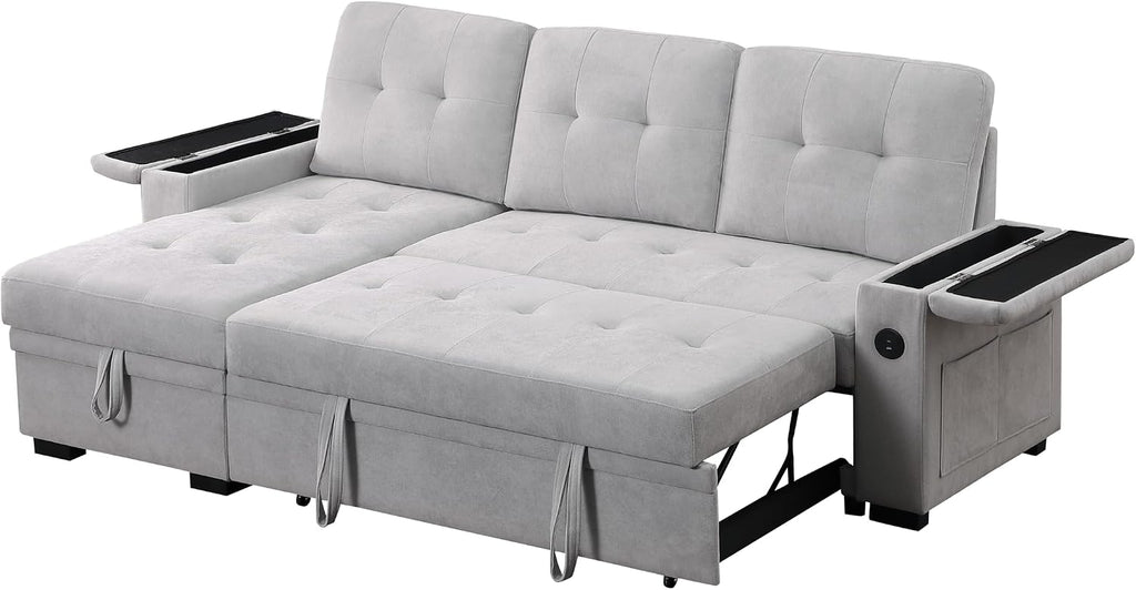 84W Gray Woven Fabric Reversible Sleeper Sectional Sofa