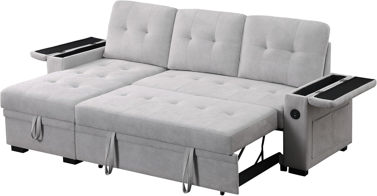 84W Gray Woven Fabric Reversible Sleeper Sectional Sofa