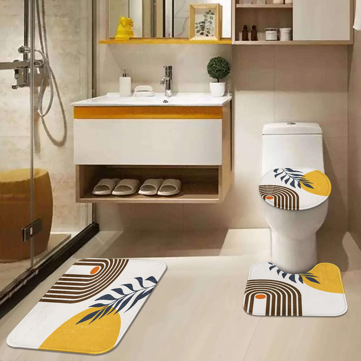 Tayney Boho Mid Century Shower Curtain Set With Toilet Lid Cover And Non-Slip Rugs, Modern Abstract 4 Pcs Yellow Sun Minimalist