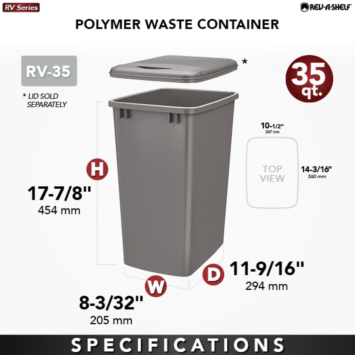 Rev-A-Shelf 35 Quart Kitchen Sink Garbage Can For Base Kitchen And Bathroom Cabinet, Replacement Plastic Trash Bin For Laundry R