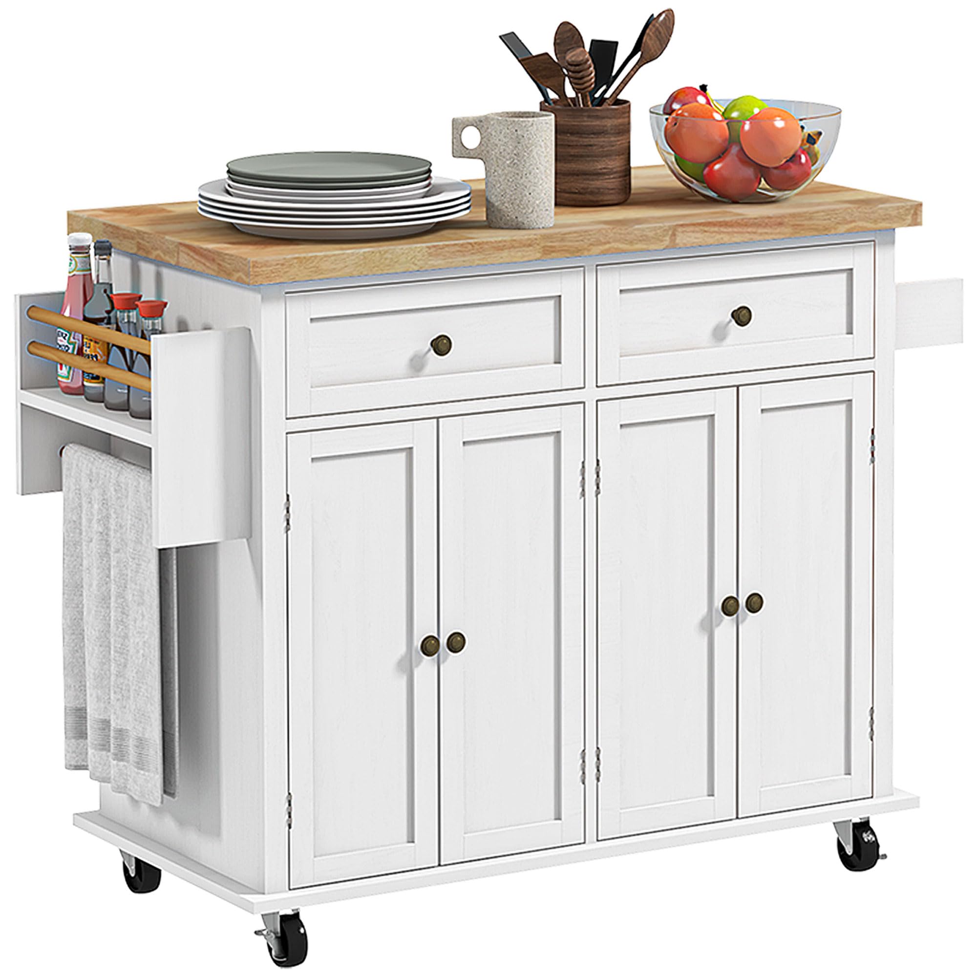 HOMCOM Kitchen Island on Wheels, Rolling Cart with Rubberwood Top, Spice Rack, Towel Rack and Drawers for Dining Room, Distresse