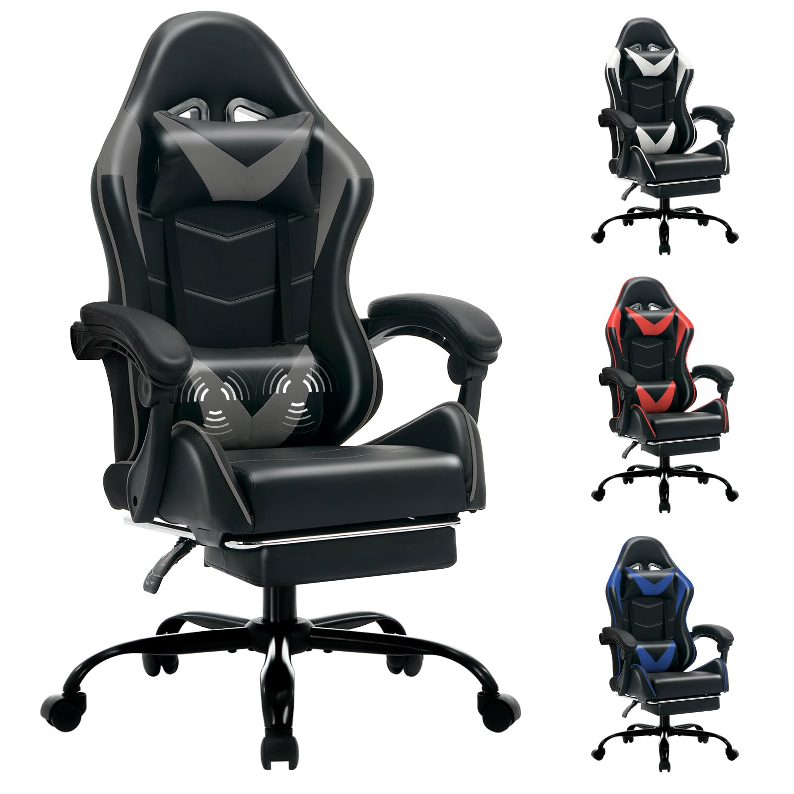 Czlolo Gaming Chair with Footrest Racing Style Lumbar Support Massager Video Game Chair with Metal Legs, High Back Reclining Gam