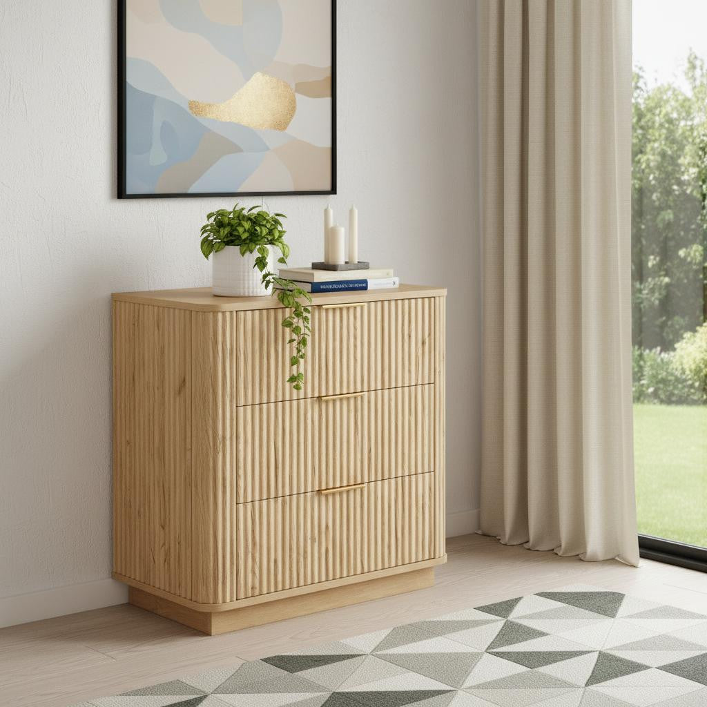 28 Oak Ribbed Texture Wood Three Drawer Dresser