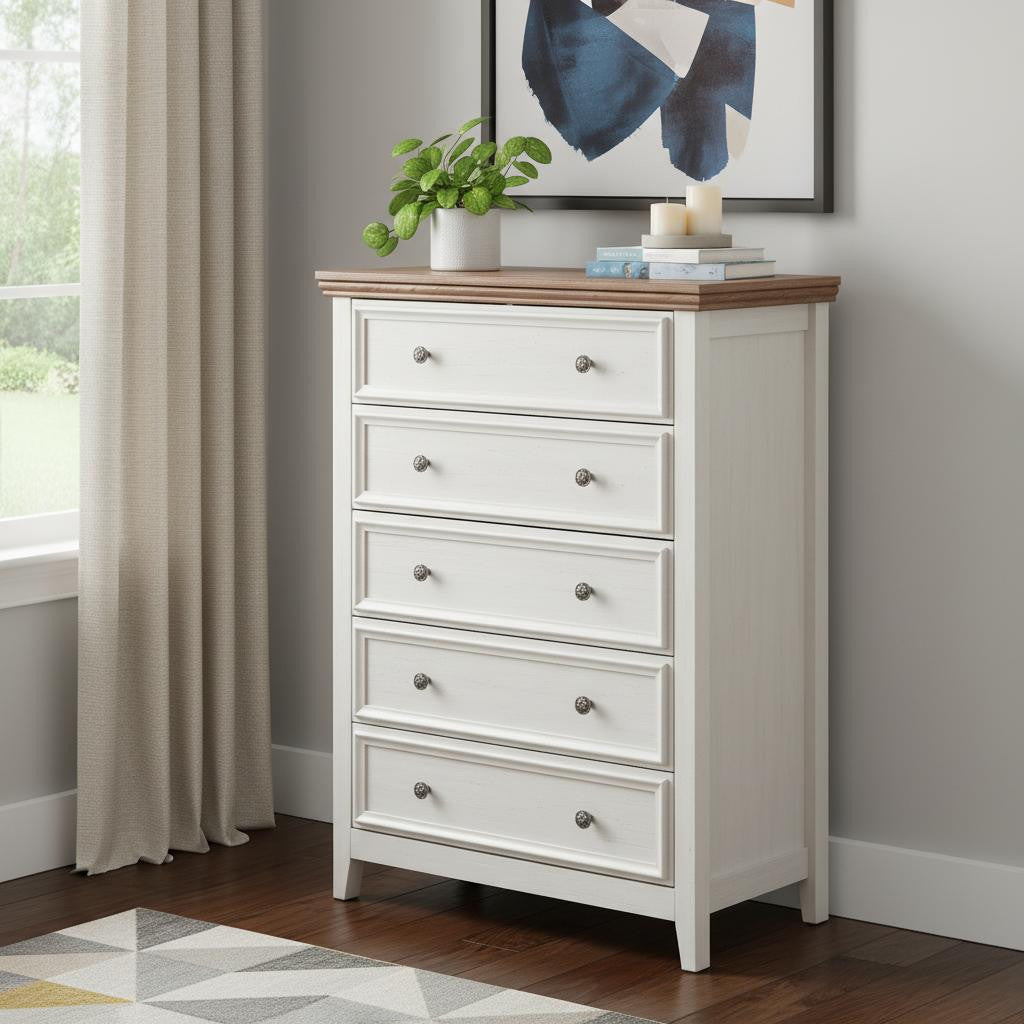32 Beige And Brown Wood Five Drawer Dresser