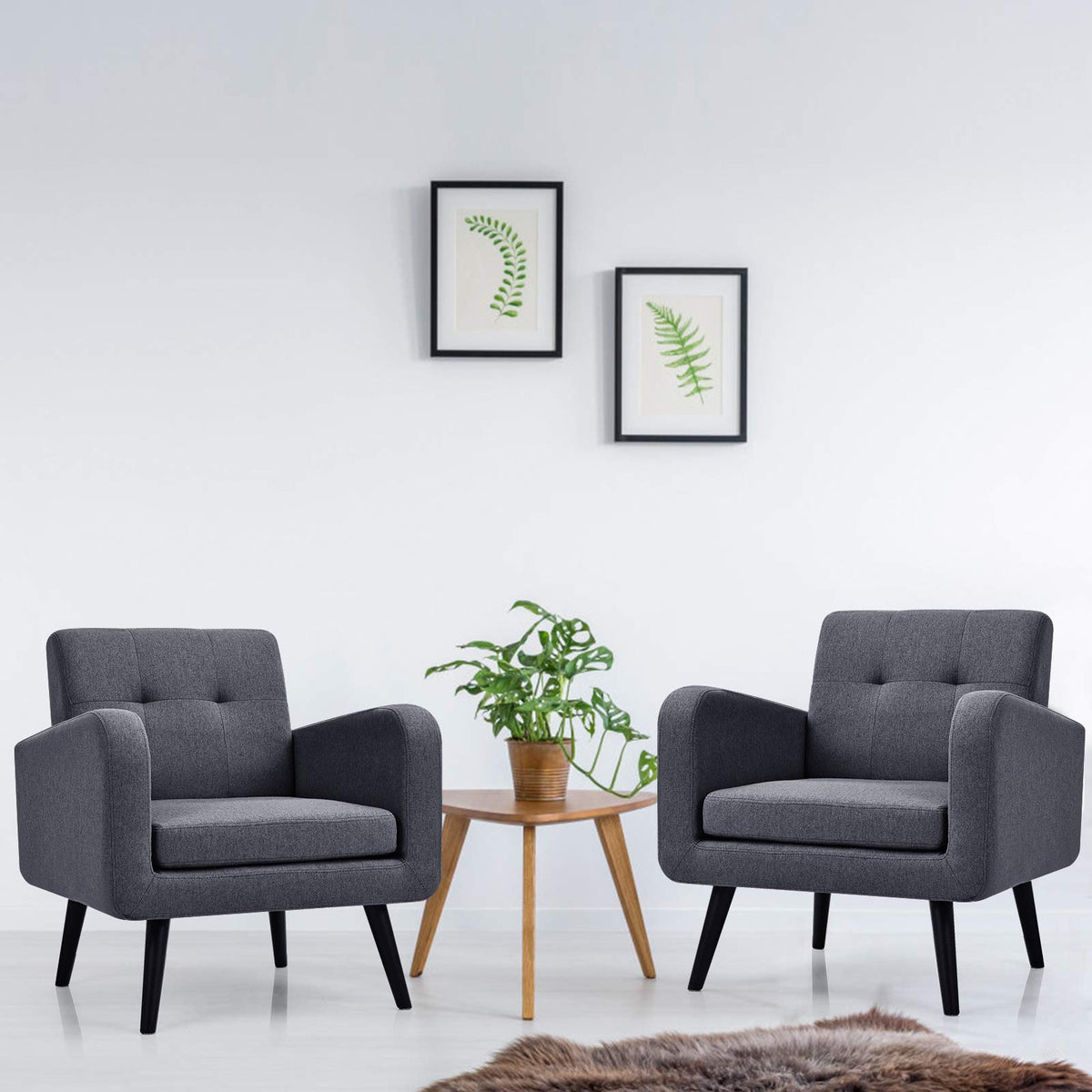 Giantex Upholstered Accent Chair Set Of 2, Modern Mid Century Linen Fabric Living Room Chair With Arms, Max Load 265 Lbs, Comfy Tufted Single Sofa For Reading, Bedroom, Office, Club, Grey