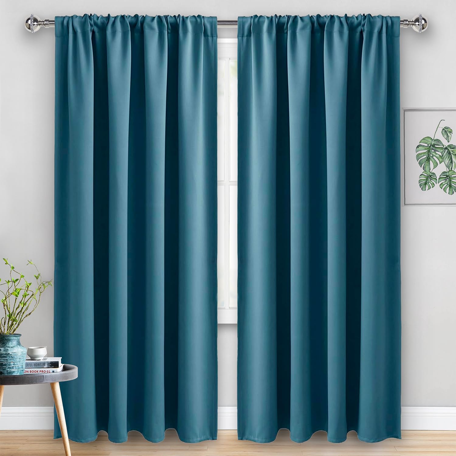 Jiuzhen Blackout Curtains For Bedroom - Thermal Insulated Room Darkening Rod Pocket Curtains For Living Room, Set Of 2 Panels With Tiebacks, 60 X 96 Inch Length, Stone Blue