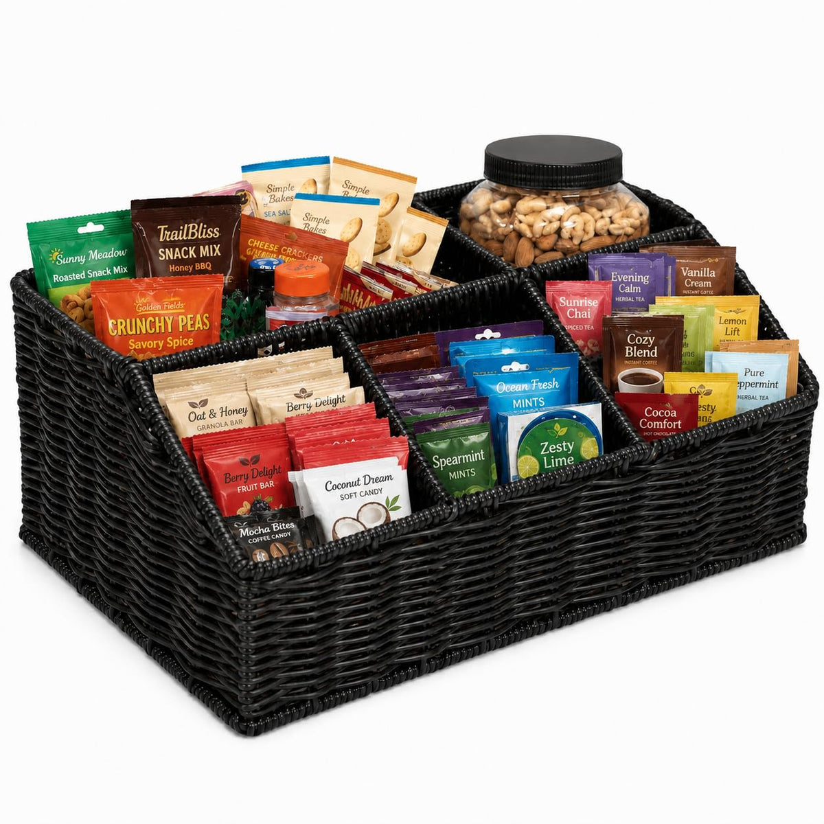 Snack Organizer with 5Compartment Rack Snack Bar Station for Pantry Counter, Snack Storage Shelf with Removable Bins and Labels