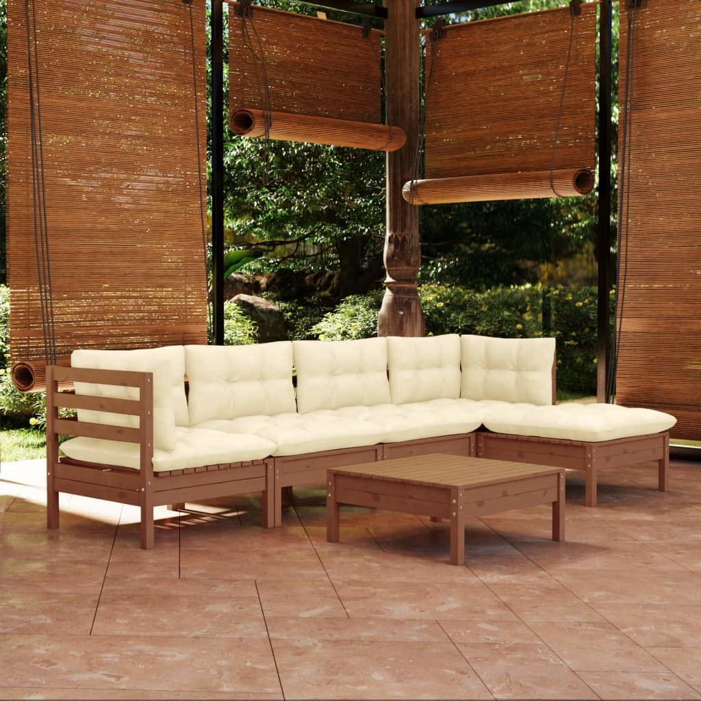 vidaXL Solid Pinewood Patio Lounge Set 6 Piece with Cushions Garden Outdoor Lawn Yard Terrace Balcony Wooden Seat Seating Furniture Honey Brown