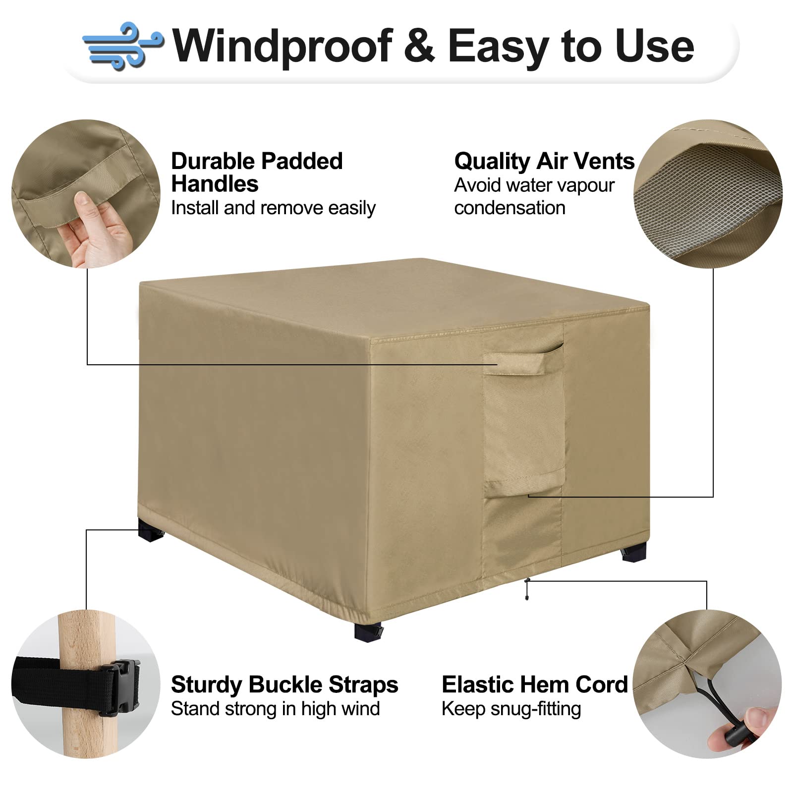 Outdoorlines Outdoor Waterproof Patio Ottoman Covers - Square Uv-Proof Patio Side Table Cover Windproof Heavy-Duty Furniture Covering Protector 28L X 28W X 17H Inch, Camel