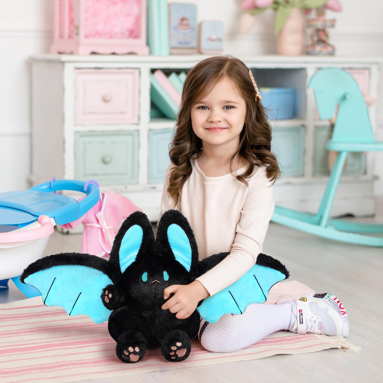 Peach Cat Kawaii Bat Bunny Plush Pillow Cute Bat Rabbit Stuffed Animal For Kids Black 12'