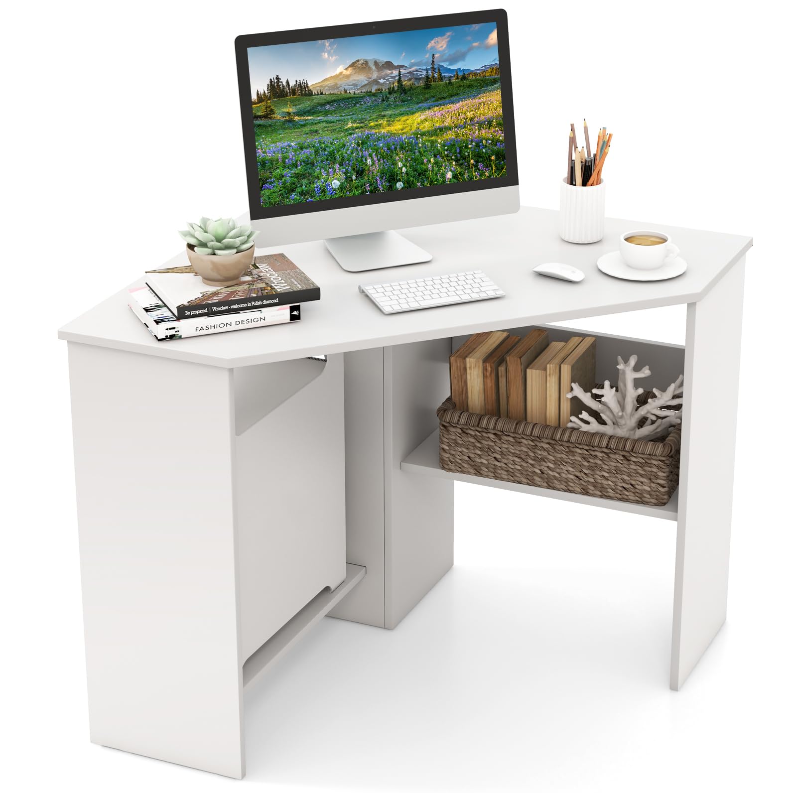 GOFLAME Corner Desk with Storage Shelves, Triangular Computer Desk with Cable Management Holes, Laptop Workstation for Small Spa