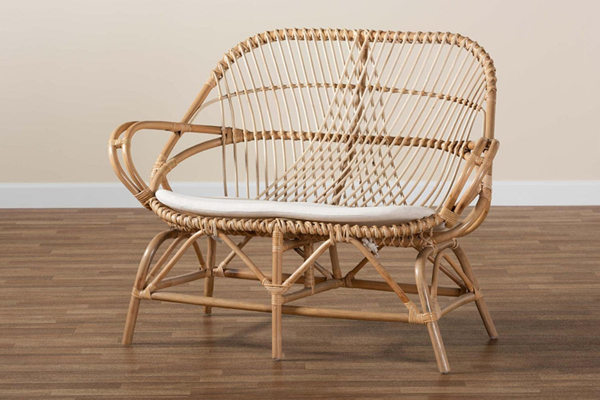 Baxton Studio Jayden Modern Bohemian White Fabric Upholstered and Natural Brown Finished Rattan Loveseat WhiteMaterial