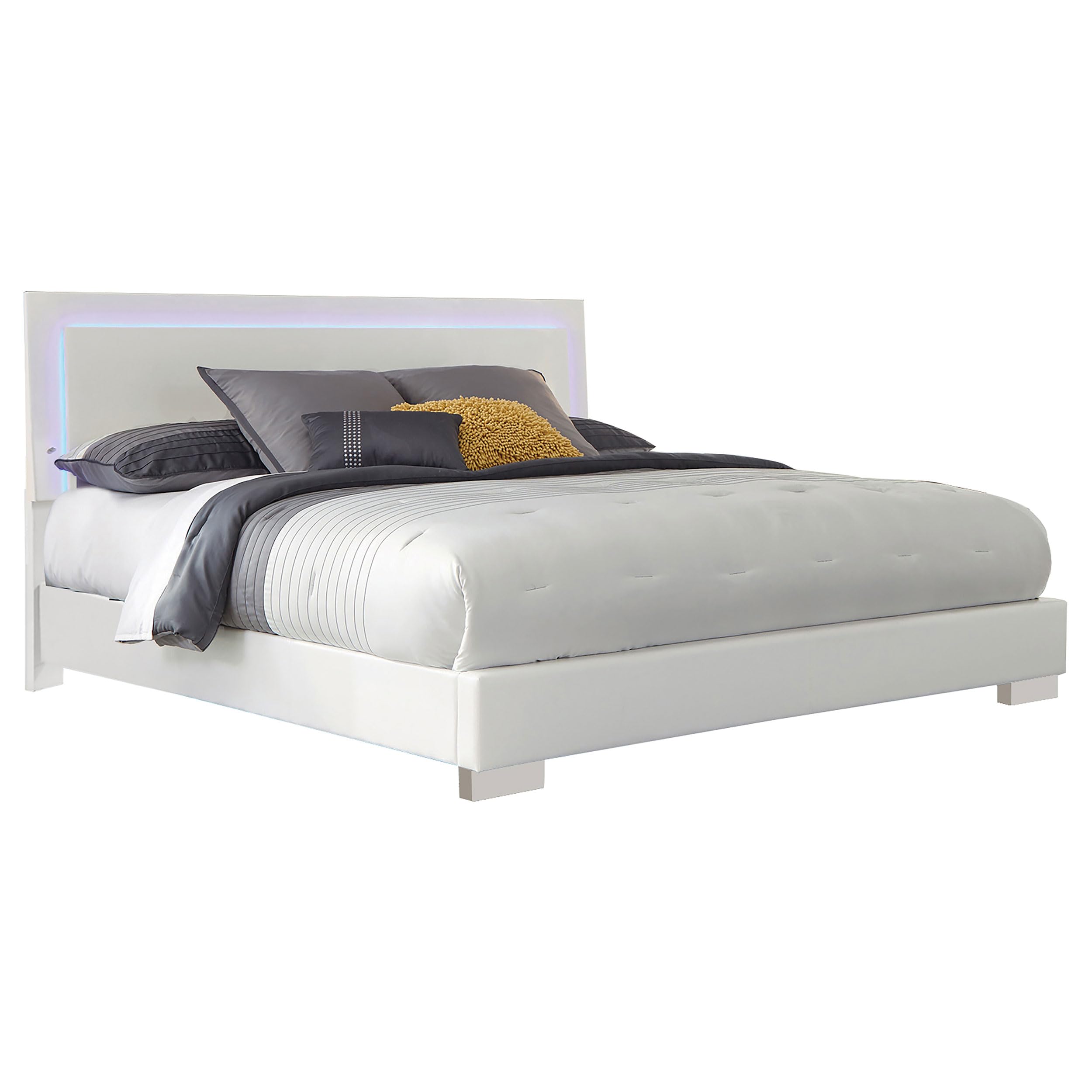 Coaster Home Furnishings Felicity Contemporary 4-Piece Bedroom Set California King Size LED Panel Bed Frame 49-inch Headboard White High Gloss 203500KW-S4