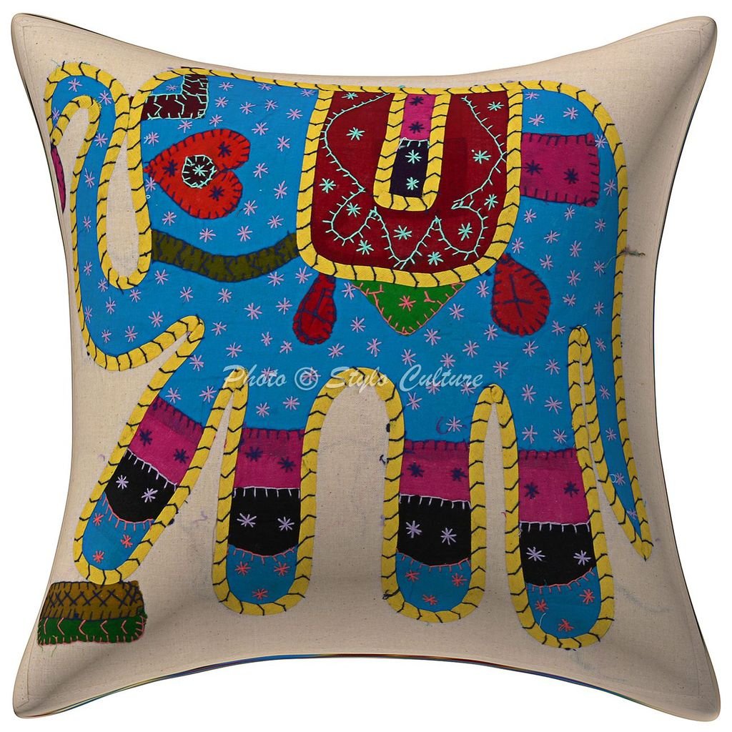 Stylo Culture Decorative Cotton Cushion Cover 16X16 Inch Applique Embroidered Patchwork Blue Living Room Decor Elephant Rajastha